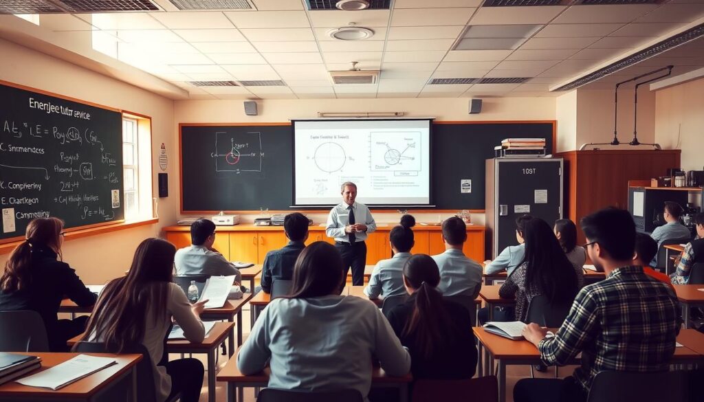 A well-lit classroom interior with warm, natural lighting filtering through large windows. On the walls, a chalkboard displays the "Enerjee Tutor Service" brand name and key subjects like mathematics, physics, and chemistry. In the foreground, a group of high school students sit at desks, engaged in group discussions and studying materials. The teacher, dressed professionally, moves between them, providing guidance. The middle ground features a large projected screen displaying diagrams and formulas related to the curriculum. The background showcases a modern, well-equipped lab setting with scientific equipment, fostering an atmosphere of academic rigor and exploration.