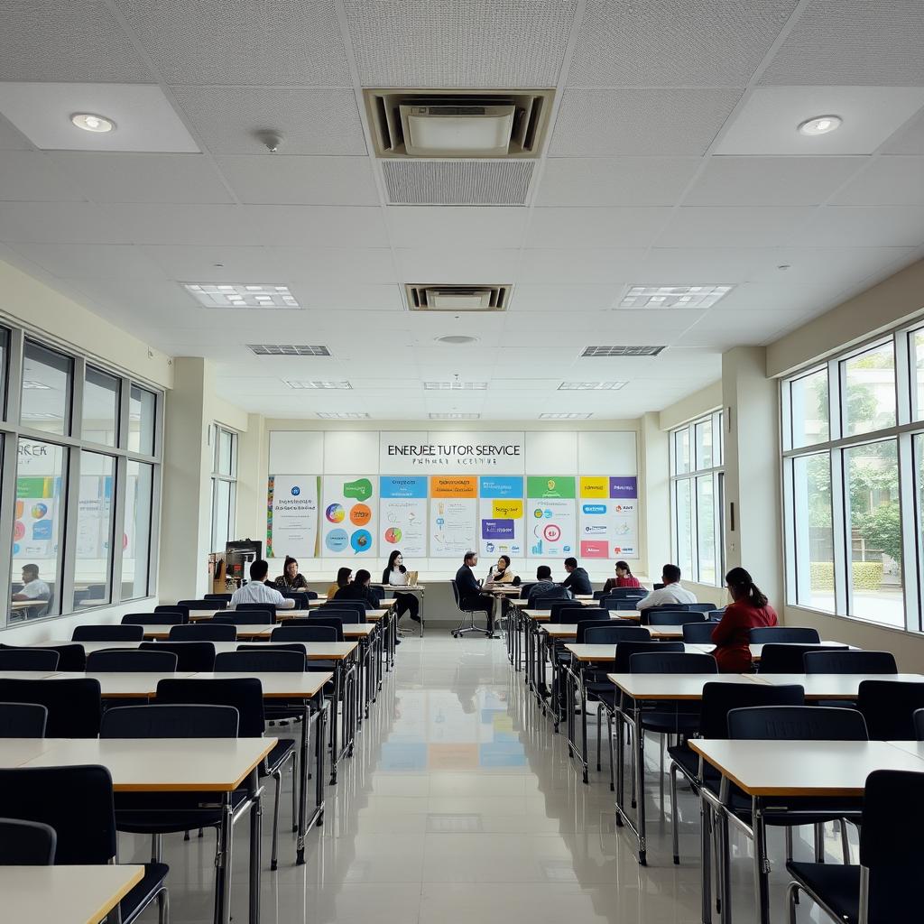 A well-lit, modern interior of a Penang tutorial center called "Enerjee Tutor Service". The foreground features rows of desks and chairs arranged in a spacious, organized manner. In the middle ground, tutors are engaged in one-on-one sessions with students, creating a focused, productive atmosphere. The background showcases large windows that flood the space with natural light, and vibrant wall displays highlighting academic subjects like mathematics, language, and science. The overall scene conveys a professional, nurturing environment conducive to effective test preparation for major exams like SPM and IGCSE.