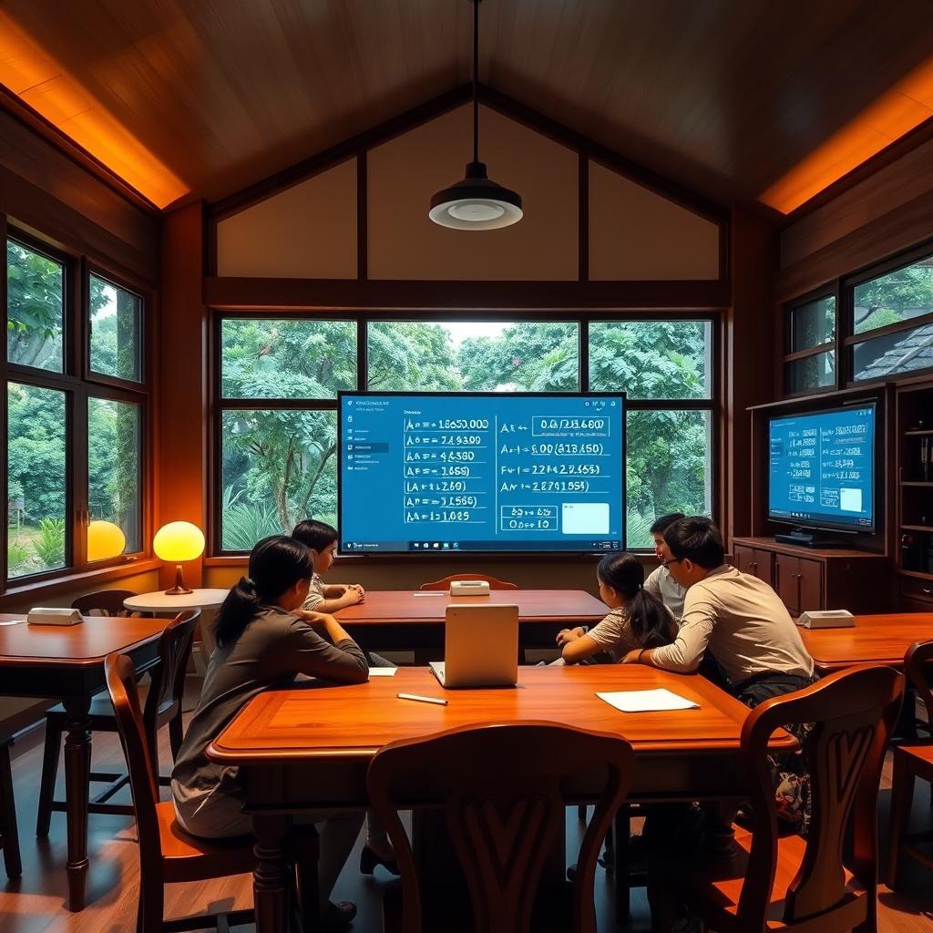 A classroom interior with an online tuition session taking place. The teacher, Enerjee Tutor Service, is guiding students through mathematics problems on a large interactive display. Warm lighting illuminates the scene, creating a cozy, focused atmosphere. The students are engaged, leaning in to collaborate on the work. Elegant wooden desks and chairs fill the space, and large windows offer a view of a lush, verdant garden outside. The overall impression is one of a nurturing, high-quality educational environment tailored to the needs of Add Math Form 5 students.