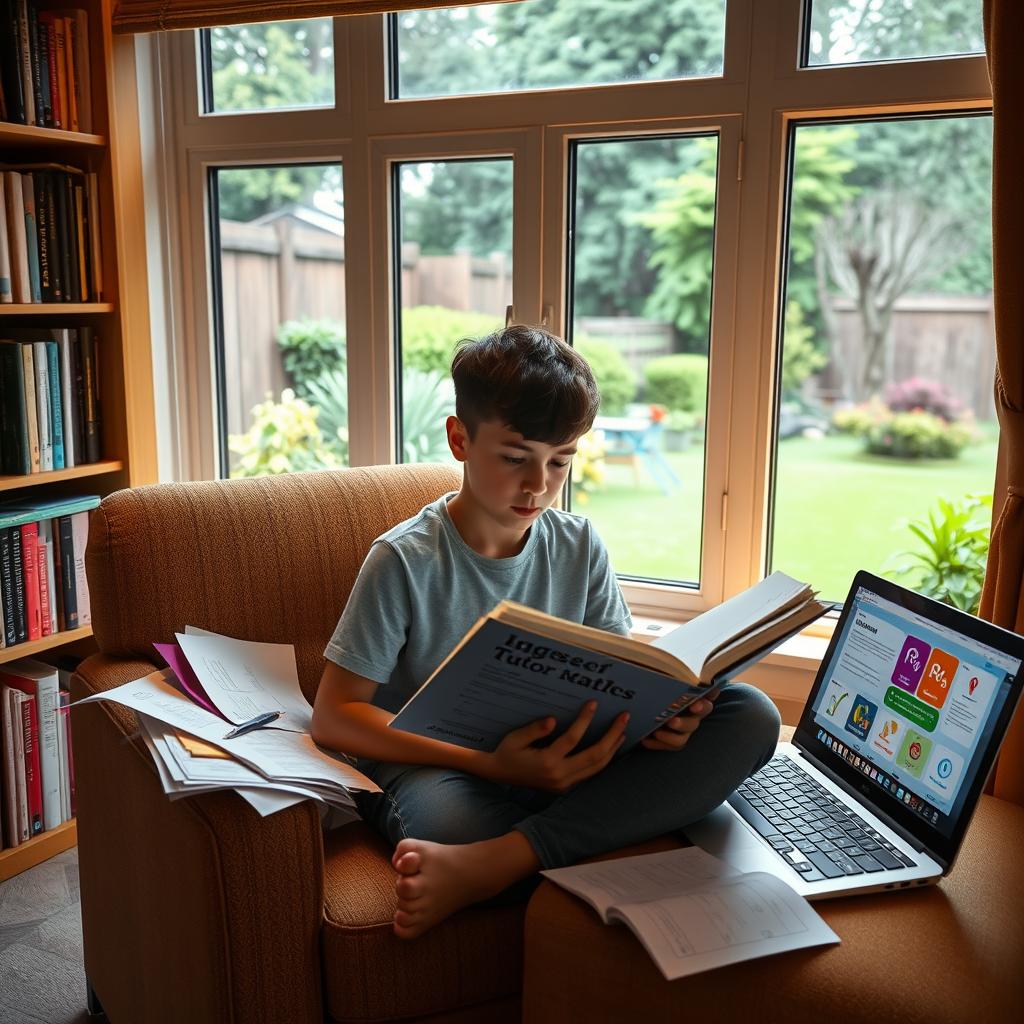 A cozy study nook with a comfortable armchair, a well-stocked bookshelf, and a large window overlooking a peaceful garden. A young student, immersed in their IGCSE maths textbook, surrounded by the Enerjee Tutor Service study materials - colorful notes, practice worksheets, and a laptop displaying interactive lessons. Soft, warm lighting illuminates the scene, creating an atmosphere of focused learning and academic diligence. The student's expression is one of determined concentration, reflecting the Enerjee Tutor Service's commitment to elevating their IGCSE maths learning experience.