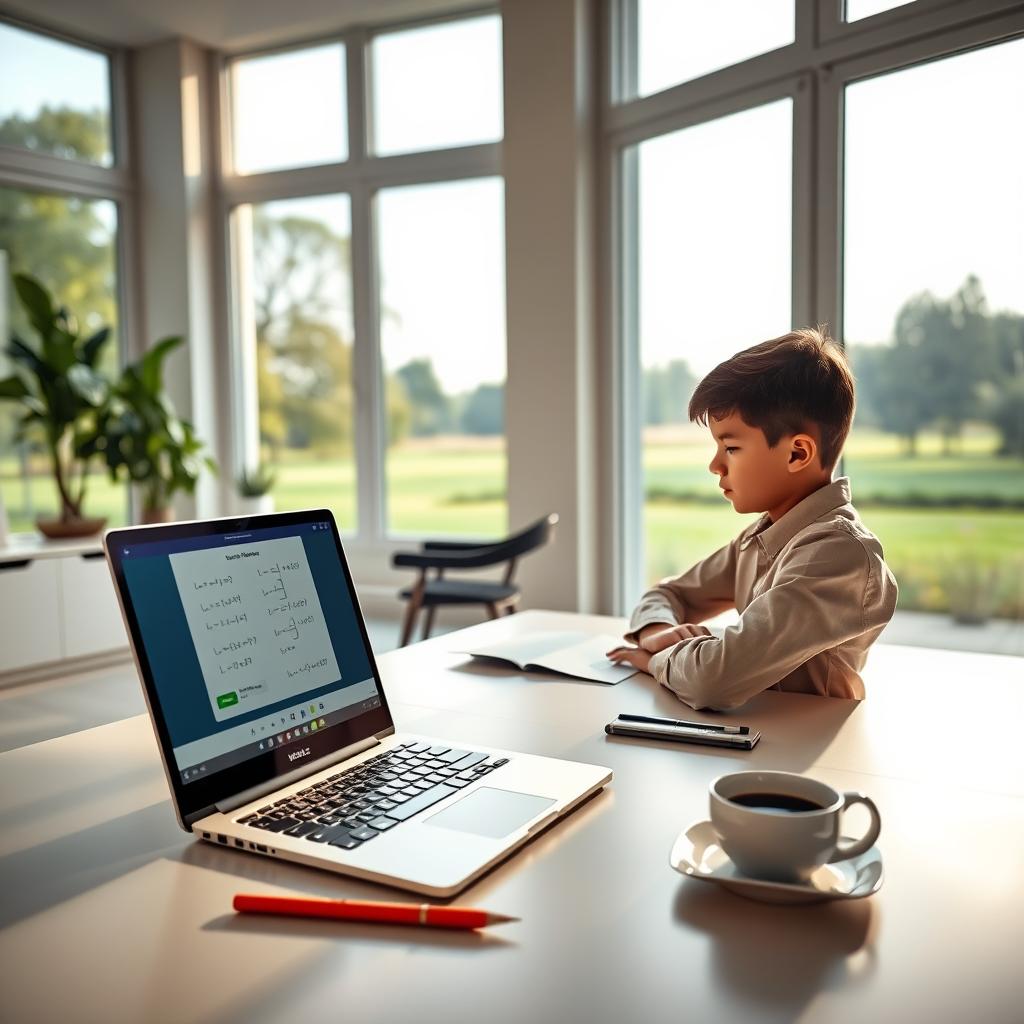 A spacious, well-lit home office with a modern, minimalist aesthetic. In the foreground, a sleek laptop displaying an online math tutoring platform from the "Enerjee Tutor Service" brand. A student, neatly dressed, is engrossed in solving math problems on the screen, their face illuminated by the soft glow. The middle ground features a tidy desk with organized stationery and a cup of coffee, creating a focused, productive atmosphere. The background showcases large windows overlooking a peaceful outdoor scene, allowing natural light to fill the room and imbue a sense of calm. The overall mood is one of efficiency, concentration, and the benefits of accessible, high-quality online math tutoring.