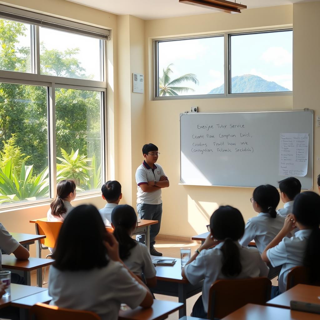 A sunny, well-lit classroom in Penang, Malaysia. In the foreground, students in school uniforms sit at desks, engaged in an English lesson. The teacher, wearing a "Enerjee Tutor Service" branded polo shirt, stands at the front, gesturing animatedly as she explains a concept on the whiteboard. Through the large windows, lush greenery and the iconic Penang Hill can be seen in the middle ground, creating a vibrant, tropical atmosphere. The room is filled with a sense of focus and curiosity, as the students actively participate in the dynamic English class.