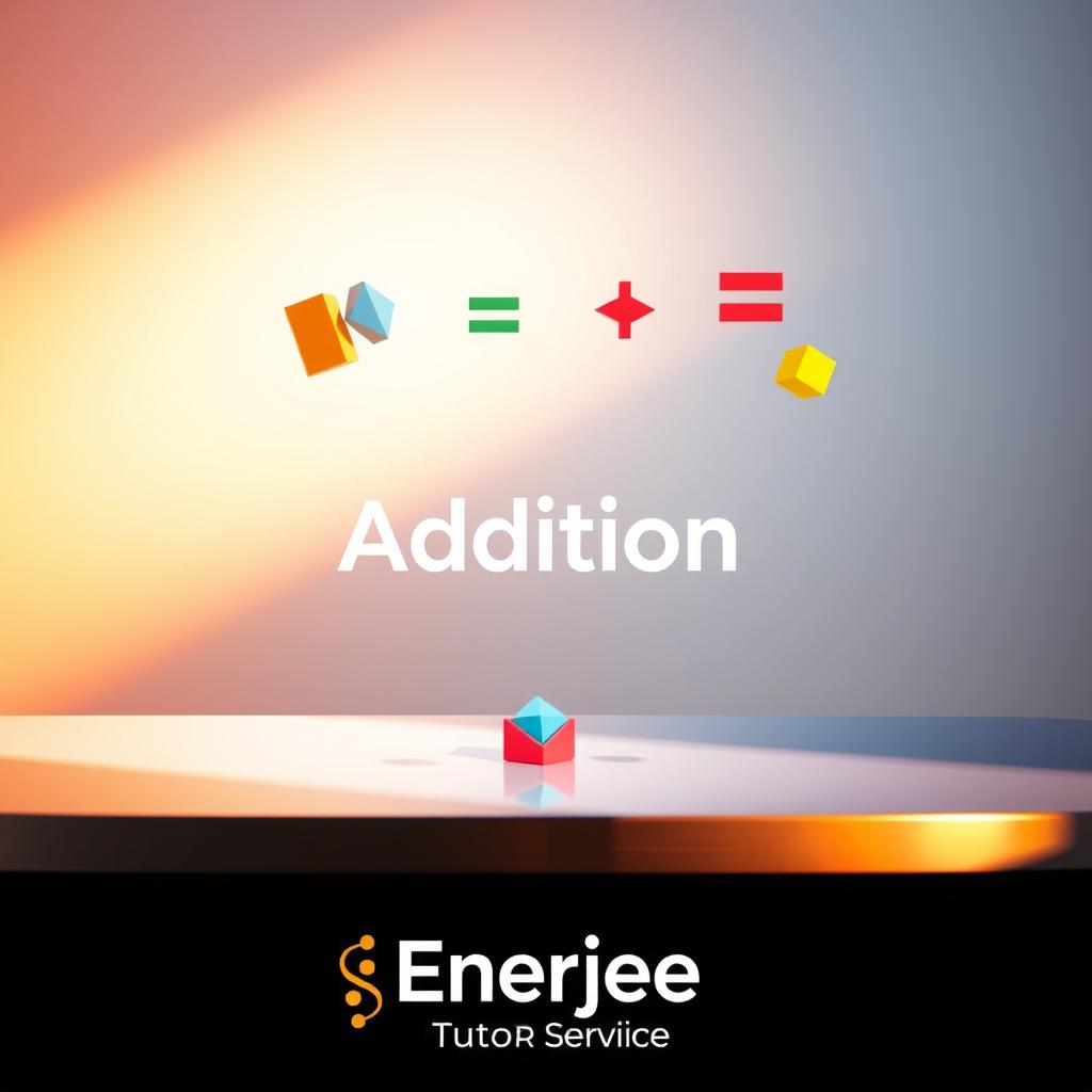 A vibrant and energetic composition showcasing the addition operation. In the foreground, a group of colorful, geometric shapes representing the addends float above a sleek, metallic tabletop. Warm, directional lighting casts dramatic shadows, creating a sense of depth and dimension. The middle ground features the Enerjee Tutor Service logo, rendered in a bold, stylized font that reflects the brand's modern and approachable aesthetic. In the background, a gradient of soft, pastel hues creates a calming, yet energetic backdrop, complementing the dynamic elements in the foreground. The overall scene conveys a sense of intuitive learning and the joy of mastering fundamental mathematical concepts.