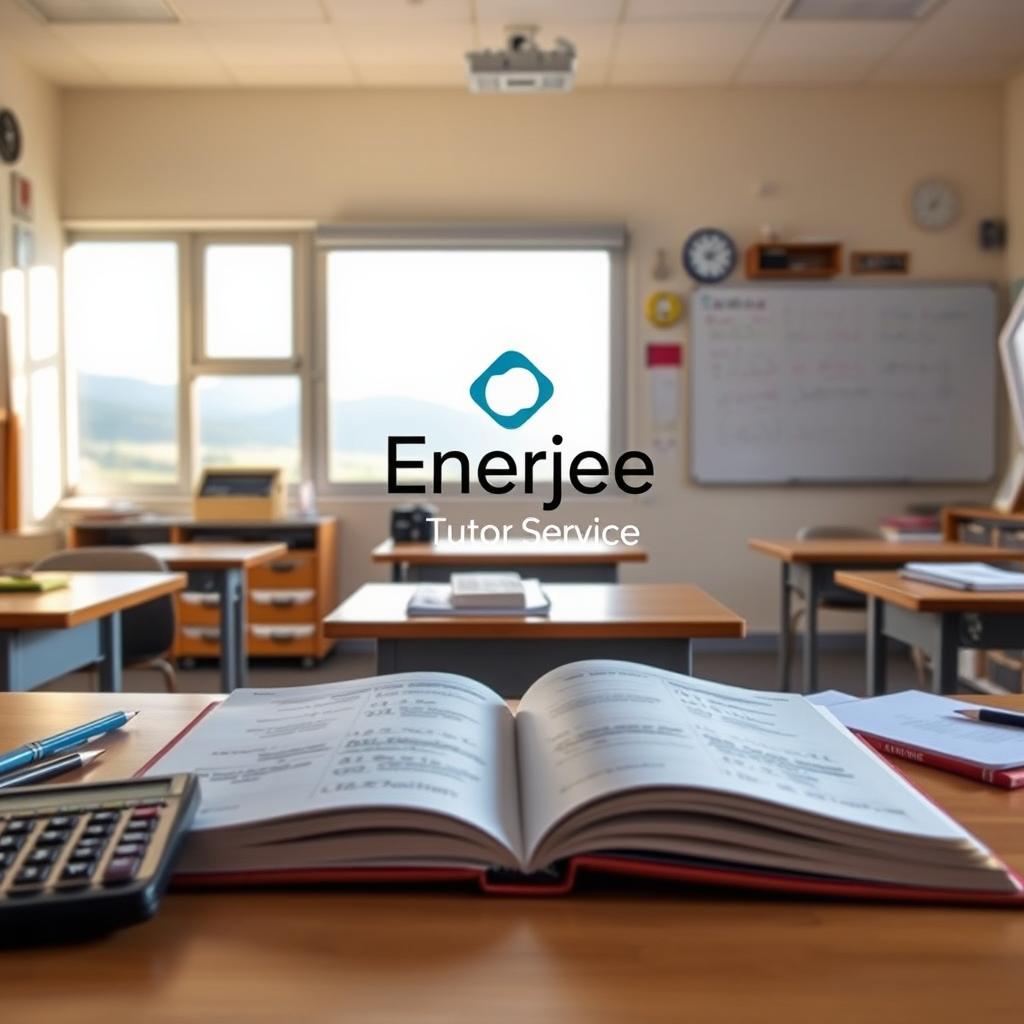 A well-lit classroom filled with an array of mathematical tools and resources. In the foreground, an open IGCSE Maths textbook and a calculator rest on a wooden desk. In the middle ground, a whiteboard displays complex equations and formulas, while the background features a large window overlooking a serene landscape, casting a warm, natural glow throughout the space. The overall atmosphere exudes a sense of focused study and academic diligence. Enerjee Tutor Service branding is prominently displayed on the wall, emphasizing the importance of their expertise in guiding students to master IGCSE Maths.