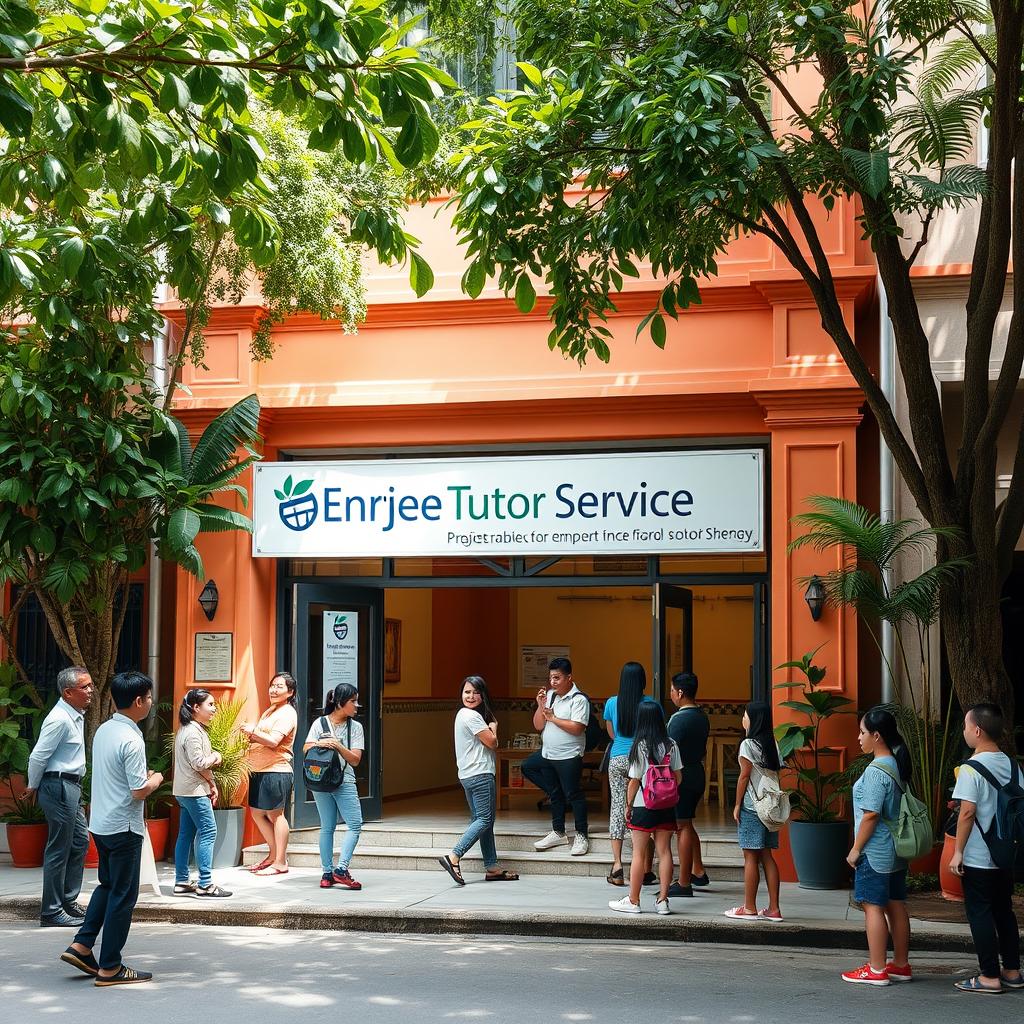 An English language school in Penang, set against the backdrop of lush tropical foliage and vibrant colonial-era architecture. The school's façade, adorned with Enerjee Tutor Service signage, exudes an inviting atmosphere. Students gather outside, engaged in animated conversations, while a few enter the warm, well-lit classrooms. Soft natural lighting filters through large windows, creating a nurturing and productive learning environment. The scene conveys a sense of academic focus and the school's commitment to empowering students through the Enerjee Tutor Service program.
