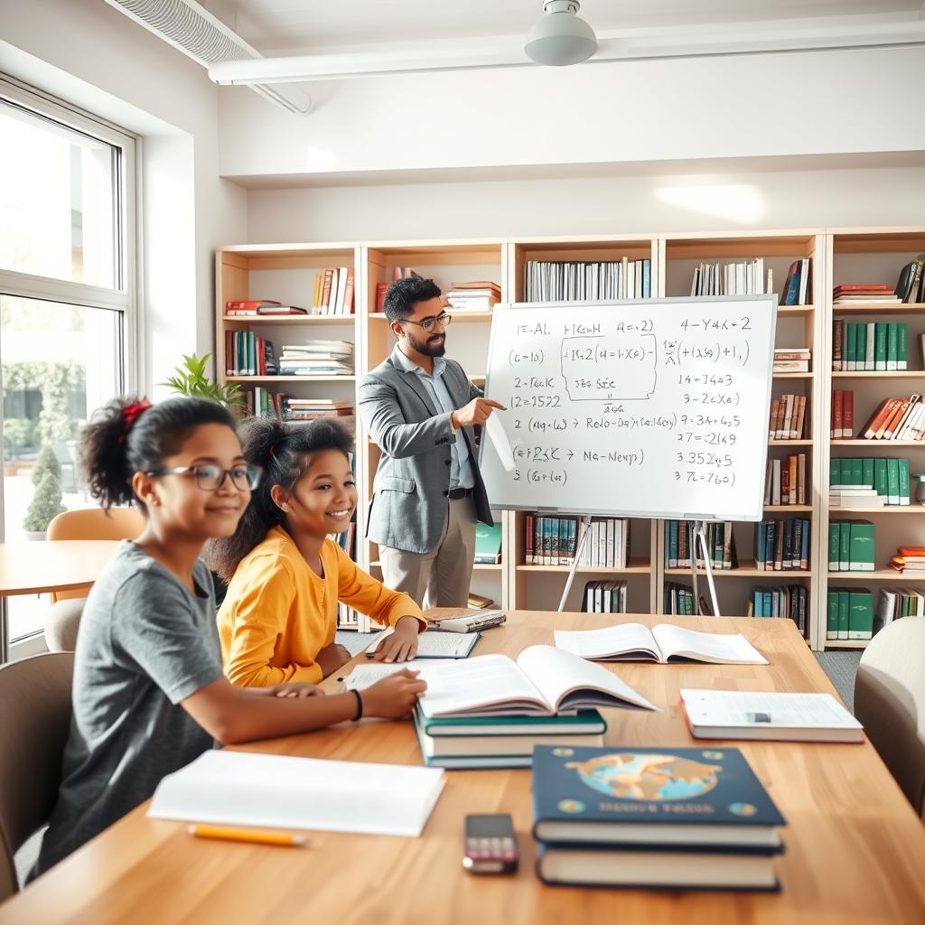 A bright and inviting tutoring center interior, showcasing a diverse group of students engaged in focused study. In the foreground, two students, a girl and a boy, sit together at a large table covered with textbooks and notebooks, both dressed in smart casual clothing. In the middle, a supportive tutor points to a whiteboard filled with mathematics and sciences equations, dressed in professional attire, demonstrating clarity and guidance. The background features shelves of organized books and educational materials, with an atmosphere of collaboration and motivation. Soft, natural lighting streams through large windows, creating a warm and encouraging atmosphere, perfect for an academic setting.