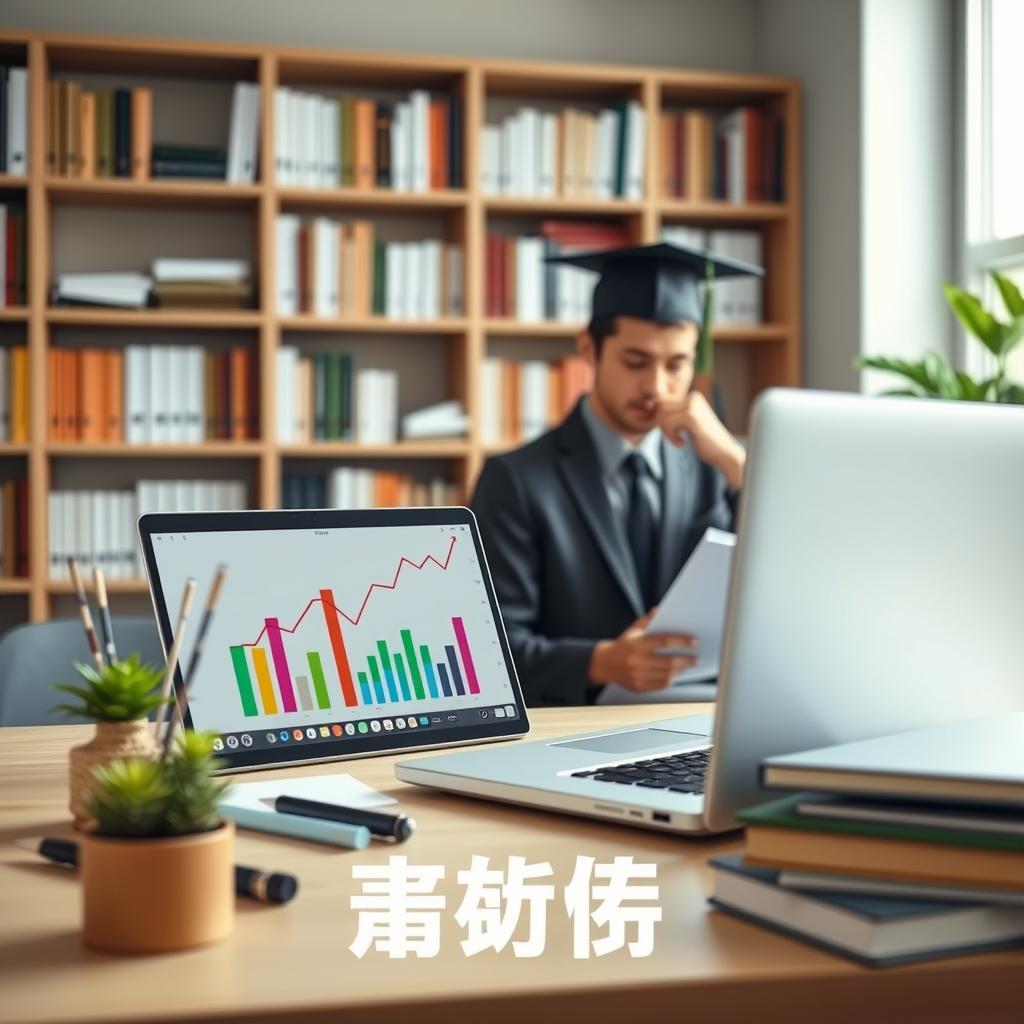 A clean and informative scene focusing on "统考成绩排名," showcasing a sleek, modern study environment. In the foreground, a stylized open laptop displays colorful graphs and charts representing exam rankings. Beside it, a set of neatly arranged stationery and a potted plant add a touch of freshness. The middle ground features a focused graduate student, dressed in professional business attire, reviewing documents and taking notes, symbolizing study and analysis. In the background, soft bookshelves filled with academic literature are slightly blurred, creating depth. The lighting is bright but soft, imitating natural daylight filtering through a nearby window, creating an atmosphere of productivity and calm. The overall mood is one of intellectual engagement and motivation.