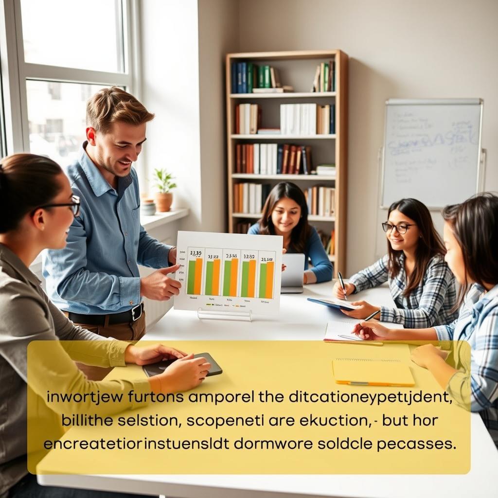A modern, professional study environment showcases a diverse group of students engaged in a focused tutoring session. In the foreground, a friendly tutor in smart casual attire explains a chart displaying exam results, highlighting key performance metrics. The middle ground features students seated around a sleek table, reviewing their individual results on tablets and notebooks, with expressions of curiosity and determination. The background includes a well-organized bookshelf filled with educational materials and a whiteboard with notes. Soft, natural light pours in through large windows, creating a warm atmosphere. The overall mood is supportive and optimistic, emphasizing the empowering nature of Energjee Tutor Service in helping students understand their examination results.