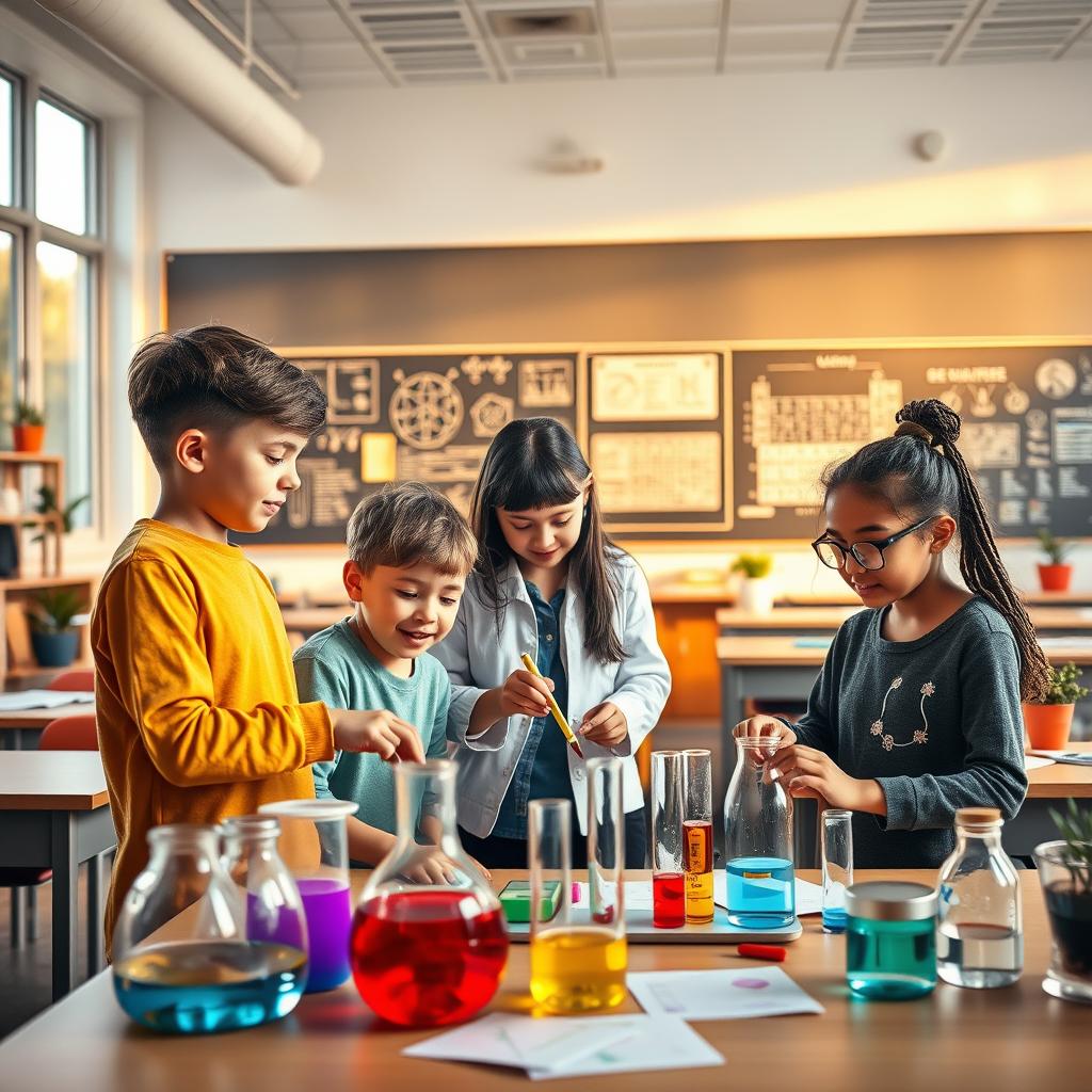 A vibrant and engaging middle school science classroom, bustling with lively students and a knowledgeable teacher. In the foreground, a diverse group of three students—two boys and a girl—are intently working on a colorful science project, showcasing a variety of materials like beakers and charts. The middle showcases a modern classroom filled with desks and large windows that let in warm, natural light, enhancing the uplifting atmosphere. In the background, a large blackboard displays scientific diagrams and periodic tables, emphasizing a focus on learning. The overall mood is one of curiosity and enthusiasm for learning, with subtle details like potted plants adding a touch of warmth. The image should have a bright and inviting color palette, shot from a slightly elevated angle to provide depth.