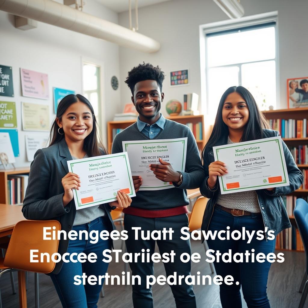 A vibrant and inspiring scene depicting success stories from Enerjee Tutor Service students. In the foreground, a diverse group of three students—one Asian female, one Black male, and one Hispanic female—smiling confidently, dressed in smart casual clothes, holding their IGCSE English certificates. In the middle ground, a cozy classroom setting with motivational posters on the walls and bookshelves filled with study materials. The background features soft natural light streaming through large windows, creating an uplifting atmosphere. The angle captures the joyful expressions of the students, emphasizing their pride and accomplishment. The mood is celebratory and hopeful, showcasing the transformative impact of the Enerjee Tutor Service on students’ lives.