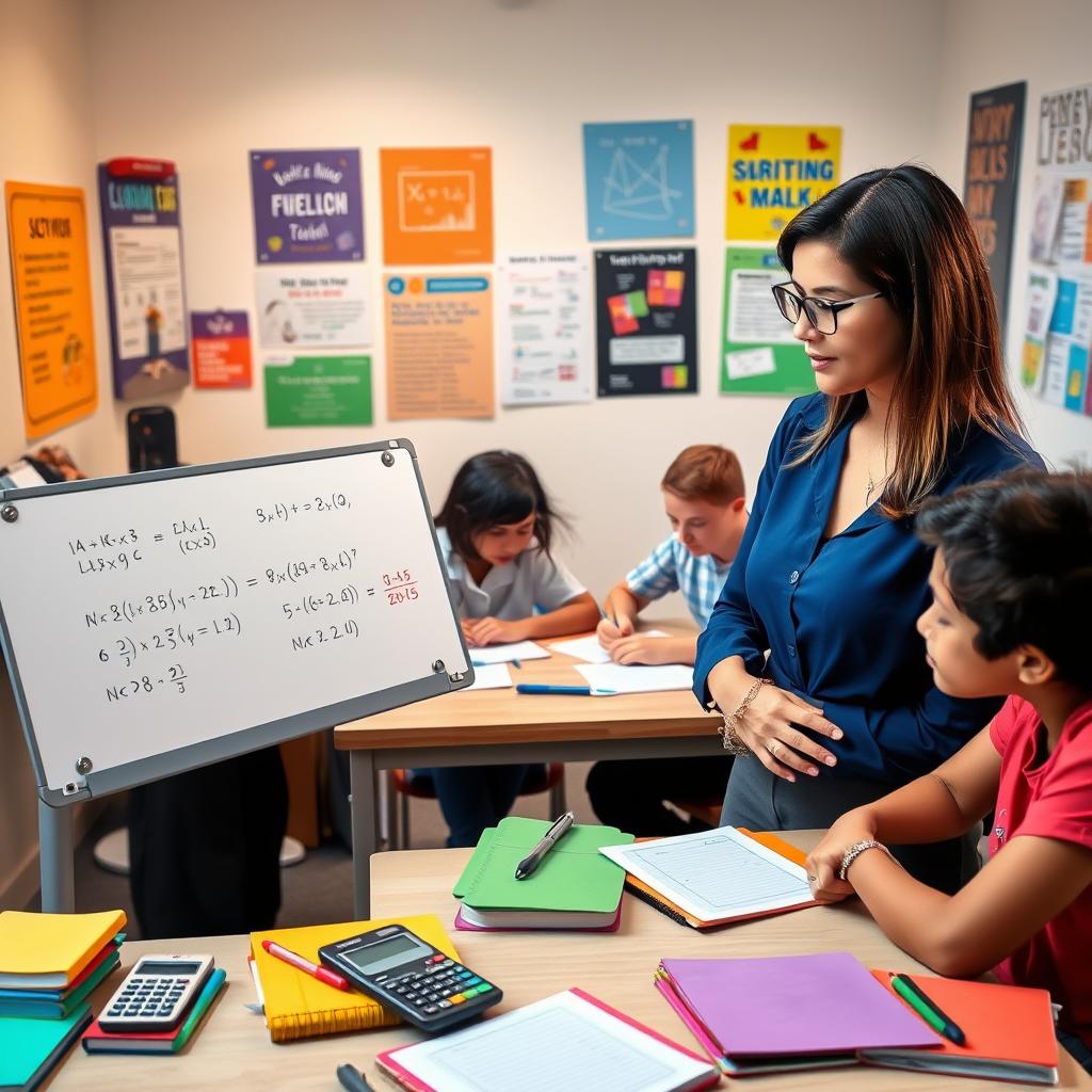 A vibrant, focused study scene depicting a diverse group of students engaged in IGCSE math revision, surrounded by colorful notebooks, calculators, and math formulas on a whiteboard. In the foreground, a confident female tutor from Enerjee Tutor Service, dressed in smart casual attire, interacts with a student, pointing at a complex equation. The middle ground showcases students of various ethnicities seated at a large table, deeply immersed in solving problems, with a backdrop of motivational educational posters on the walls. Soft, warm lighting creates an inviting atmosphere, accentuating the collaborative spirit of learning. The overall mood is encouraging and focused, perfect for illustrating unique tutoring features that enhance math success.