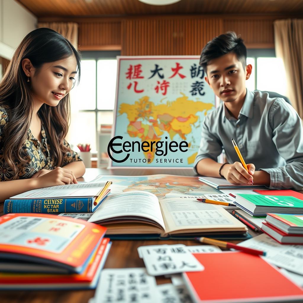A visually engaging study guide for IGCSE Chinese, featuring a richly detailed table spread with vibrant Chinese textbooks, colorful flashcards, and polished writing tools. In the foreground, a diverse group of three students, a young woman of East Asian descent and two young men—a Southeast Asian and a Caucasian—are intently studying together, dressed in smart casual attire. The middle ground shows a large world map highlighting China, surrounded by cultural artifacts like a printed Chinese character poster and traditional calligraphy brushes. The background is softly lit with natural sunlight streaming through a window, creating a warm and inviting atmosphere for learning. The overall mood is focused and collaborative, embodying the essence of engaging with the Chinese language. The logo of "Enerjee Tutor Service" is subtly placed within the scene.