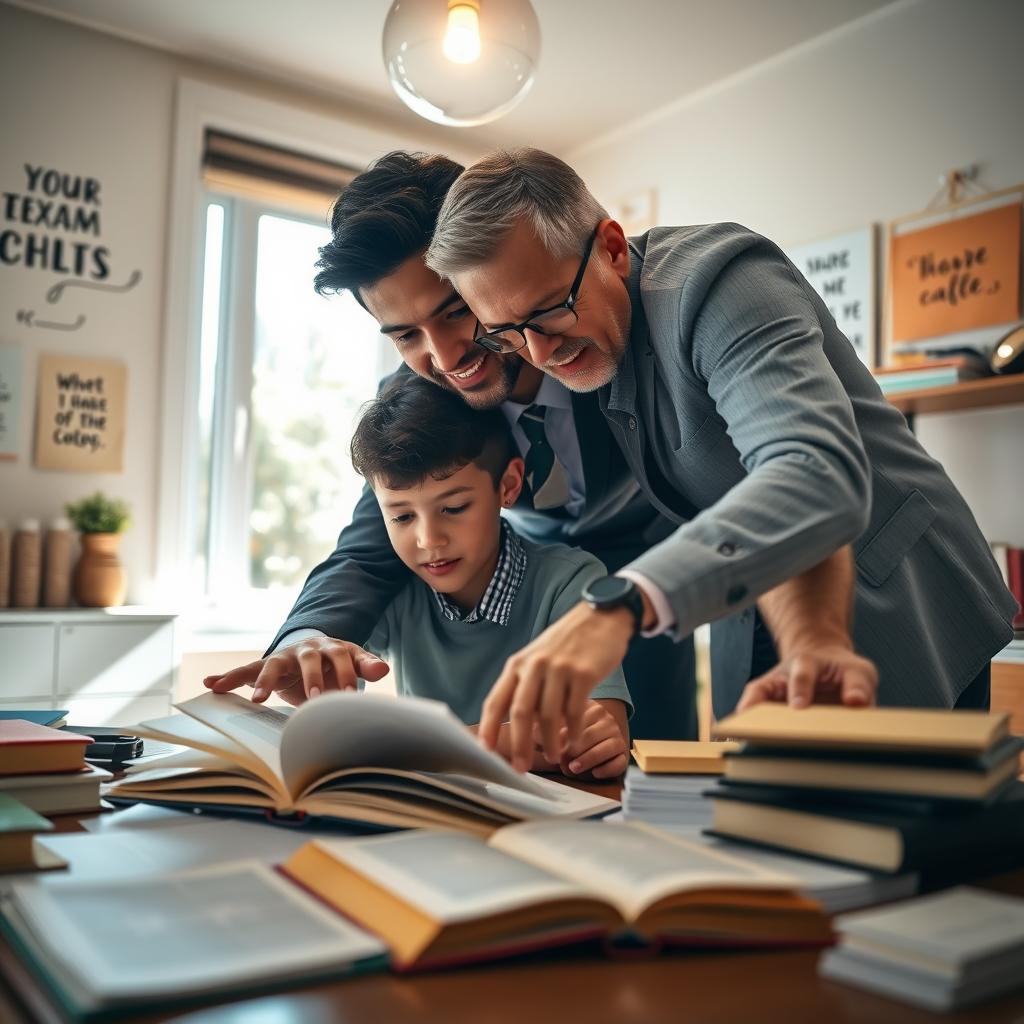 A warm and inspiring scene of a supportive parent engaging with their child during exam preparation. In the foreground, a focused child, around 15 years old, studying at a desk filled with books and notes. The parent, dressed in professional attire, leans over the child to provide guidance, pointing at an open textbook. The middle background features a cozy study room adorned with motivational quotes on the walls and soft lighting, creating an inviting atmosphere. A window reveals a sunny day outside, adding to the uplifting mood. The angle captures an intimate moment of collaboration and encouragement, emphasizing the parent's role in the preparation journey. The overall ambiance is positive, fostering a sense of teamwork and support.