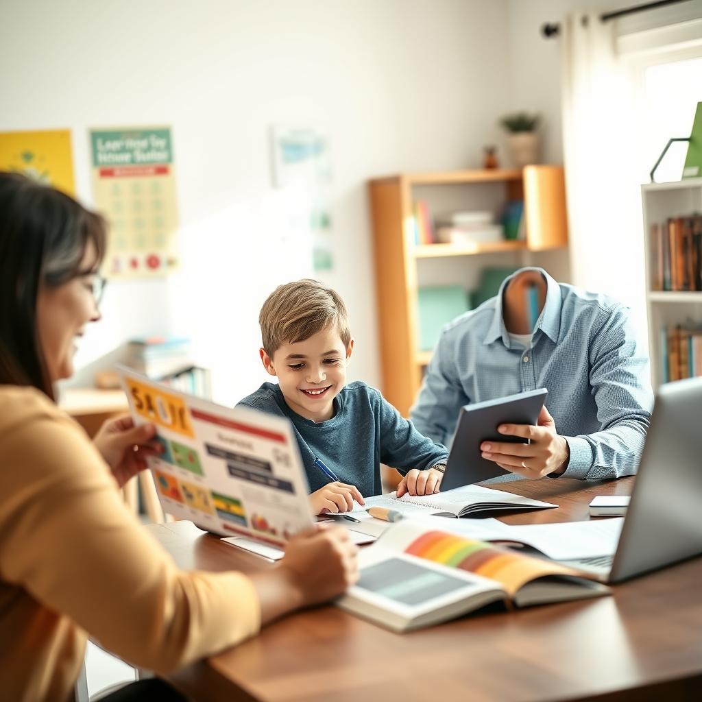 A warm and inviting scene depicting parents actively engaging in their child's learning process. In the foreground, a mother and father are seated at a table, reviewing a colorful study guide together, both dressed in smart casual clothing. The middle ground features their child, a young student, focused on doing homework with a bright smile, surrounded by educational materials like books and a laptop. In the background, a cozy and well-lit room showcases shelves filled with books and educational posters. Soft, natural light streams through a nearby window, casting gentle shadows. The atmosphere is collaborative and nurturing, echoing the support parents provide in their child's educational journey. Opt for a slightly elevated angle to capture the whole scene effectively, evoking a sense of warmth and encouragement.