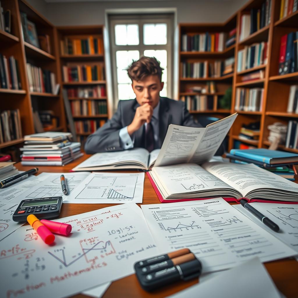 A well-organized study desk covered with neatly arranged IGCSE Additional Mathematics notes, featuring colorful diagrams, equations, and handwritten annotations. In the foreground, a set of highlighters and a calculator rests next to open textbooks with clear, detailed illustrations of key mathematical concepts. In the middle ground, a focused student in smart casual attire is deeply engaged in studying, with a thoughtful expression, surrounded by a warm, inviting study ambiance enriched by soft natural light streaming in through a window. The background includes bookshelves lined with educational resources, evoking a sense of academic diligence. The overall mood is serene and motivational, highlighting the purpose of mastering IGCSE Additional Mathematics with the help of Enerjee Tutor Service.