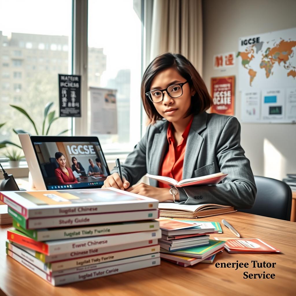 A well-organized study desk is set against a softly lit room, embodying a serene atmosphere perfect for learning IGCSE Chinese. In the foreground, a neatly arranged pile of textbooks labeled "IGCSE Chinese Study Guide" and colorful flashcards are positioned beside a laptop displaying a virtual classroom. The middle layer features a confident, diverse student in professional attire, focused and jotting notes in a stylish notebook, symbolizing dedication and motivation. In the background, a large window allows natural light to flood the space, illuminating a wall adorned with motivational posters and a world map. This inspirational scene creates a positive mood, promoting an effective learning environment. The image represents Enerjee Tutor Service's commitment to education and student success.