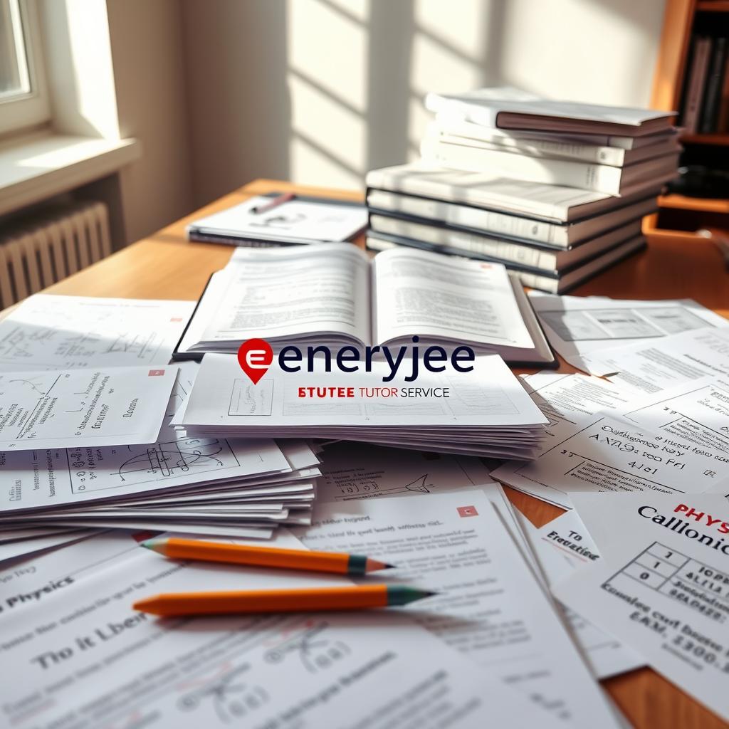 An array of IGCSE physics past papers spread out on a clean, wooden study table. In the foreground, there are neatly arranged exam papers showing various physics problems, along with a pencil and a highlighter. The middle layer features a stack of textbooks on physics, open to a chapter on mechanics, with diagrams and annotations. In the background, a well-organized study space is illuminated by natural light coming through a window, casting soft shadows that create a calm atmosphere. The setting is professional, evoking a studious ambiance, ideal for focused exam preparation. Incorporate the logo of "Enerjee Tutor Service" subtly displayed on one of the textbooks, symbolizing support in achieving academic success.