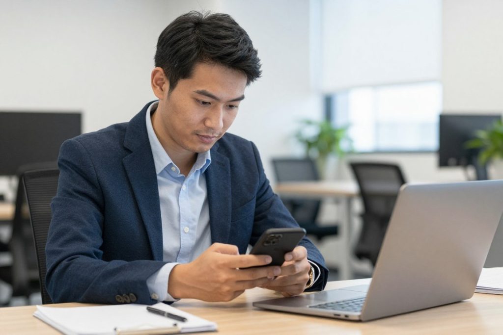 一位上班族在午休时间通过手机学习网课，展示时间灵活性