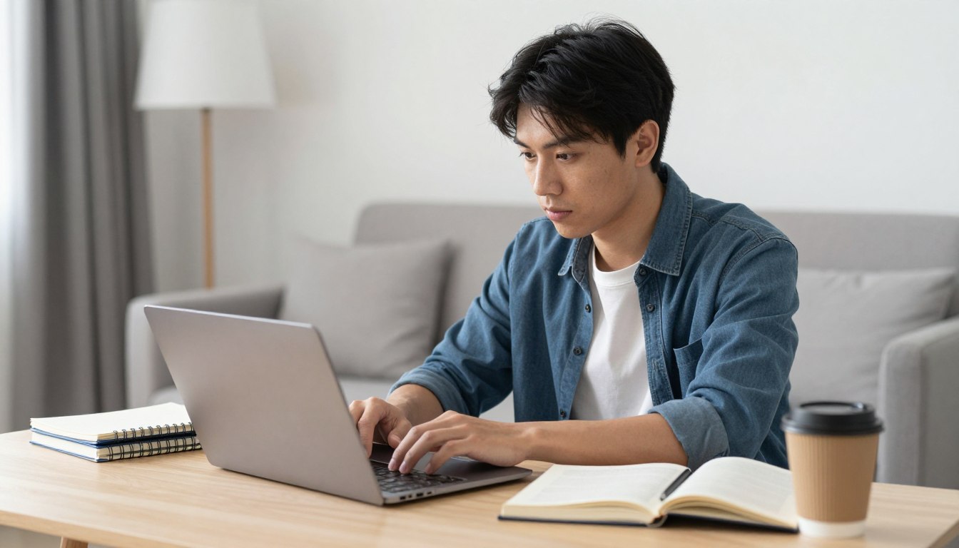 一位年轻人在家中使用笔记本电脑参加网课，桌上摆放着笔记本和咖啡