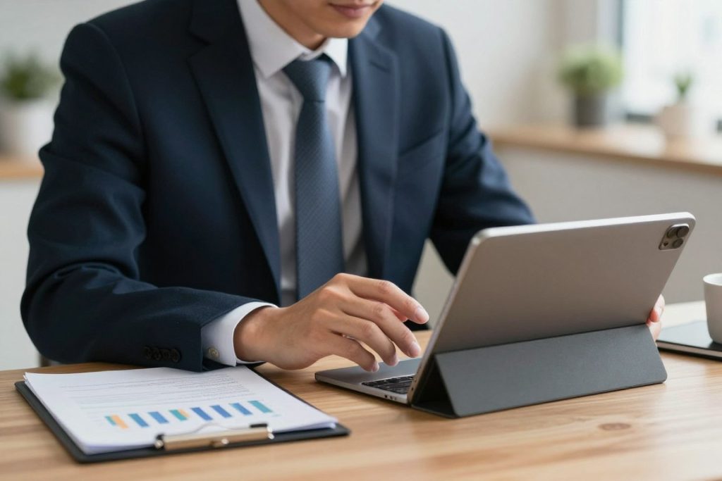 一位职场人士在下班后通过平板电脑学习数据分析网课