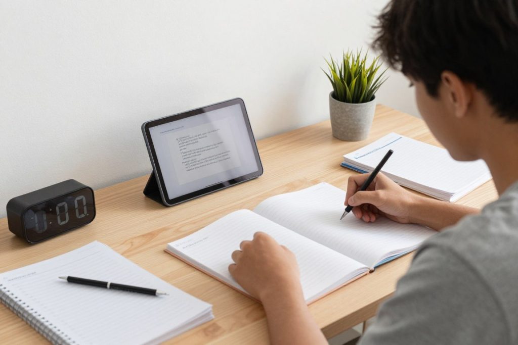 学习者在专注的环境中学习网课，桌上有计时器