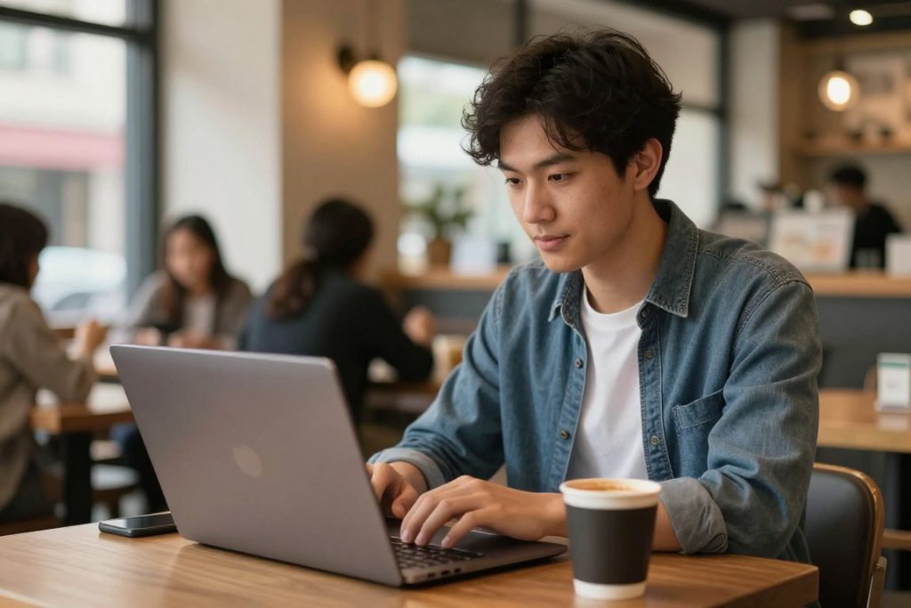 学生在咖啡馆通过笔记本电脑参加网课，节省了通勤时间和费用