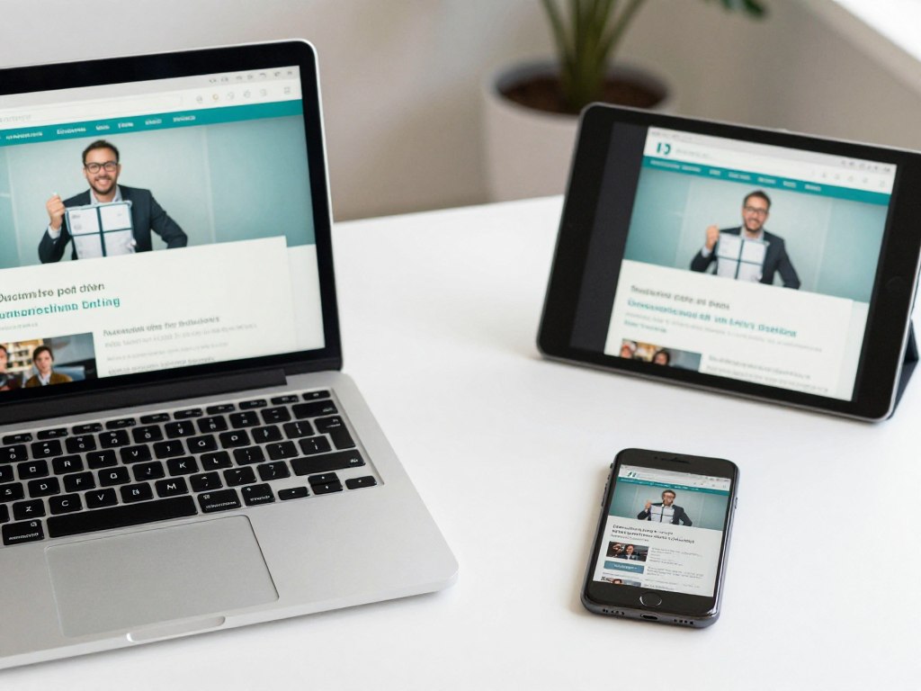 网课的多平台访问优势展示，同一课程在笔记本电脑、平板和手机上同步显示