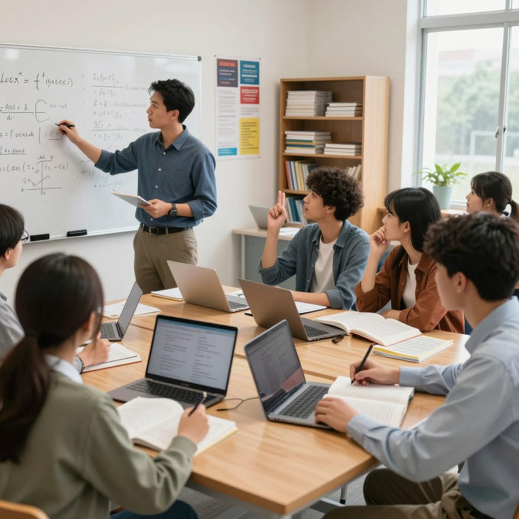 A professional tutoring classroom designed for high school exam preparation, featuring a group of diverse and focused students studying together at a large wooden table. The foreground showcases a male teacher in business casual attire, pointing at a whiteboard filled with complex equations and study tips. In the middle, the students are engaged, looking at textbooks and using laptops, with one student raising their hand to ask a question. The background reveals shelves filled with educational materials and posters about academic success. Soft, natural light pours in through large windows, creating an inviting and motivating atmosphere. The image conveys a sense of collaboration, determination, and academic growth, emphasizing the importance of guidance in high school exam preparation.