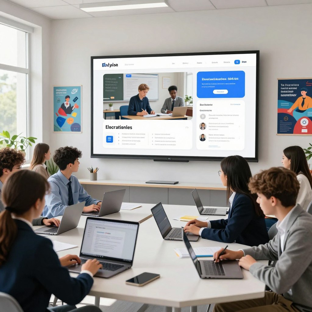 A vibrant and engaging online learning platform interface, showcasing students interacting with digital educational resources. In the foreground, a diverse group of high school students, focused and dressed in professional attire, are sitting at sleek desks with laptops open. The middle ground features a large, modern screen displaying interactive lessons and study materials. The background is a bright, well-lit room with motivational posters on the walls, and virtual elements floating in the air, symbolizing connectivity and knowledge. The atmosphere is inspiring and energetic, filled with natural light streaming in through large windows. The composition captures the essence of study and collaboration in a modern educational environment, with a wide-angle view emphasizing a sense of depth and technology.