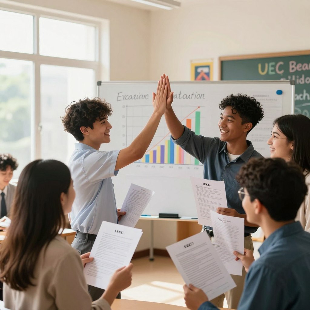 A vibrant classroom scene showcasing diverse students celebrating their success after the UEC examination, exuding a sense of achievement and joy. In the foreground, a group of four students, dressed in smart casual attire, enthusiastically high-five each other while holding their exam results. In the middle, a whiteboard displays colorful charts and graphs illustrating academic progress, symbolizing effective tutoring. The background features a warm, inviting atmosphere with natural lighting streaming through large windows, creating an uplifting mood. The room is adorned with motivational posters. The focus is sharp on the students’ expressions, capturing their excitement and pride, while maintaining a soft blur on the background elements to emphasize the celebration.