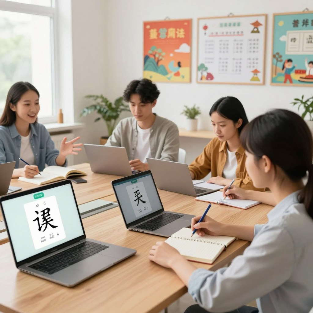 A bright, inviting online Mandarin setting featuring a diverse group of students engaged in learning via their laptops. In the foreground, a young female tutor, dressed in professional attire, is explaining a Mandarin character on her screen, appearing enthusiastic and approachable. The middle section showcases students from various backgrounds, focused and taking notes, utilizing digital tablets and notebooks. The background includes colorful educational materials themed around Mandarin language and culture, blending modern aesthetics with traditional elements. Soft, natural lighting filters through a virtual classroom window, creating a warm and conducive learning atmosphere. The scene subtly highlights the Enerjee Tutor Service logo integrated into the digital interface. The overall mood is energetic, inspiring, and educational.