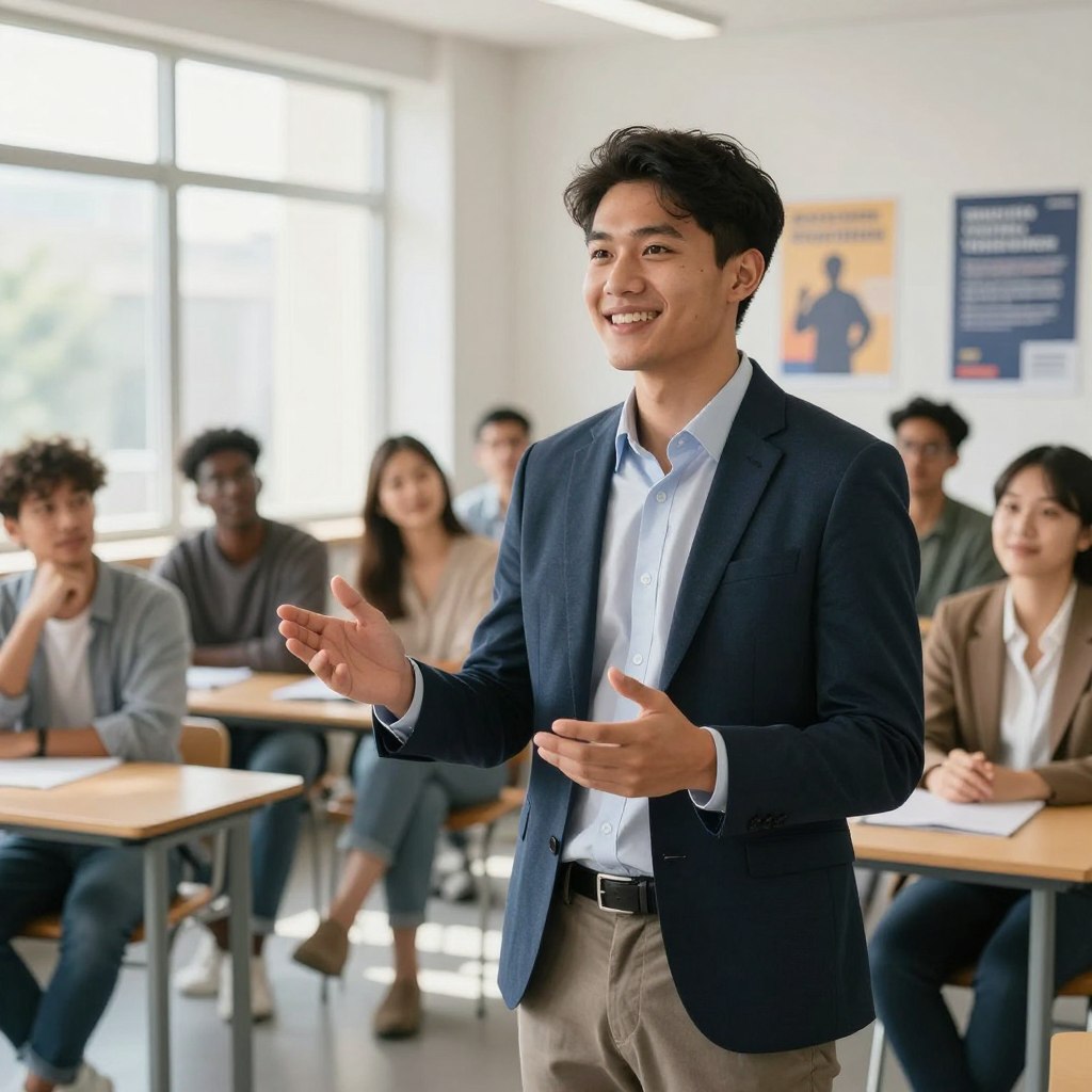 A confident young adult standing in front of a small group of attentive listeners in a modern classroom setting, embodying the essence of "speaking confidence." The foreground features the individual, dressed in professional business attire, gesturing expressively with a warm smile. The middle ground showcases diverse listeners, engaged and nodding, reflecting positive body language. The background reveals a bright, well-lit classroom filled with motivational posters about public speaking, enhancing the atmosphere. Soft, natural lighting filters through large windows, casting gentle shadows, while the camera angle is slightly low to emphasize the speaker's authority and poise. The overall mood is encouraging and empowering, illustrating the concept of cultivating confidence for speaking tests. Include branding elements subtly showcasing "Enerjee Tutor Service."