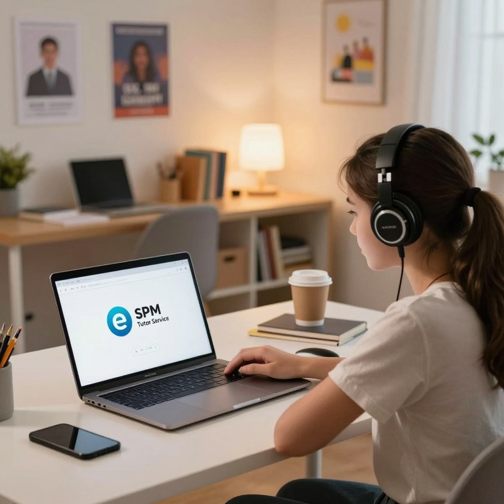 A modern online learning environment, showcasing a student focused on SPM listening practice. In the foreground, a teenage girl in modest casual clothing, wearing headphones, sits at a neat desk with a laptop open, displaying the "Enerjee Tutor Service" logo on the screen. In the middle ground, a virtual classroom setting, with soft, ambient lighting creating a warm atmosphere. Motivational posters about learning and success can be subtly included on the walls. The background features a cozy, well-organized study space, filled with books and stationery, suggesting a productive learning environment. The angle is slightly from above, capturing both the student’s concentration and the inviting space around her, conveying a sense of empowerment and focus in online learning.