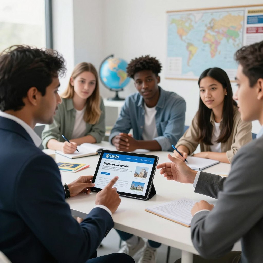 A modern study abroad consultation office environment featuring a professional consultant discussing options with a diverse group of students. In the foreground, a consultant of South Asian descent in professional business attire, gesturing towards a digital tablet showing international universities. In the middle ground, a group of three students, including a Caucasian female, a Black male, and an Asian female, attentively listening and taking notes. The background reveals a bright and inviting office with maps, brochures, and a world globe on a desk. Natural light floods the room, creating a warm and collaborative atmosphere. The scene conveys enthusiasm and professionalism, symbolizing the support offered by "Enerjee Tutor Service".