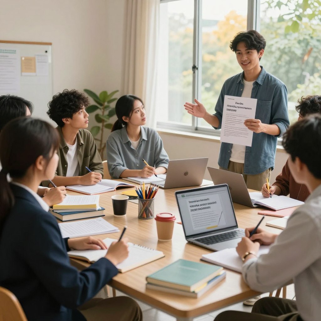 A serene study environment showcasing a diverse group of students engaged in a focused discussion about SPM speaking test preparation tips. In the foreground, a young woman in professional business attire takes notes, while a confident young man presents speaking strategies with visual aids. The middle ground features a cozy, well-organized study table adorned with textbooks, a laptop, and stationery, exuding an atmosphere of collaboration and learning. The background depicts a large window bringing in warm, natural light that creates a comfortable and inviting mood. The setting is vibrant yet calming, embodying the essence of effective communication strategies. Include the brand name "Enerjee Tutor Service" subtly integrated into the scene without text or logos.