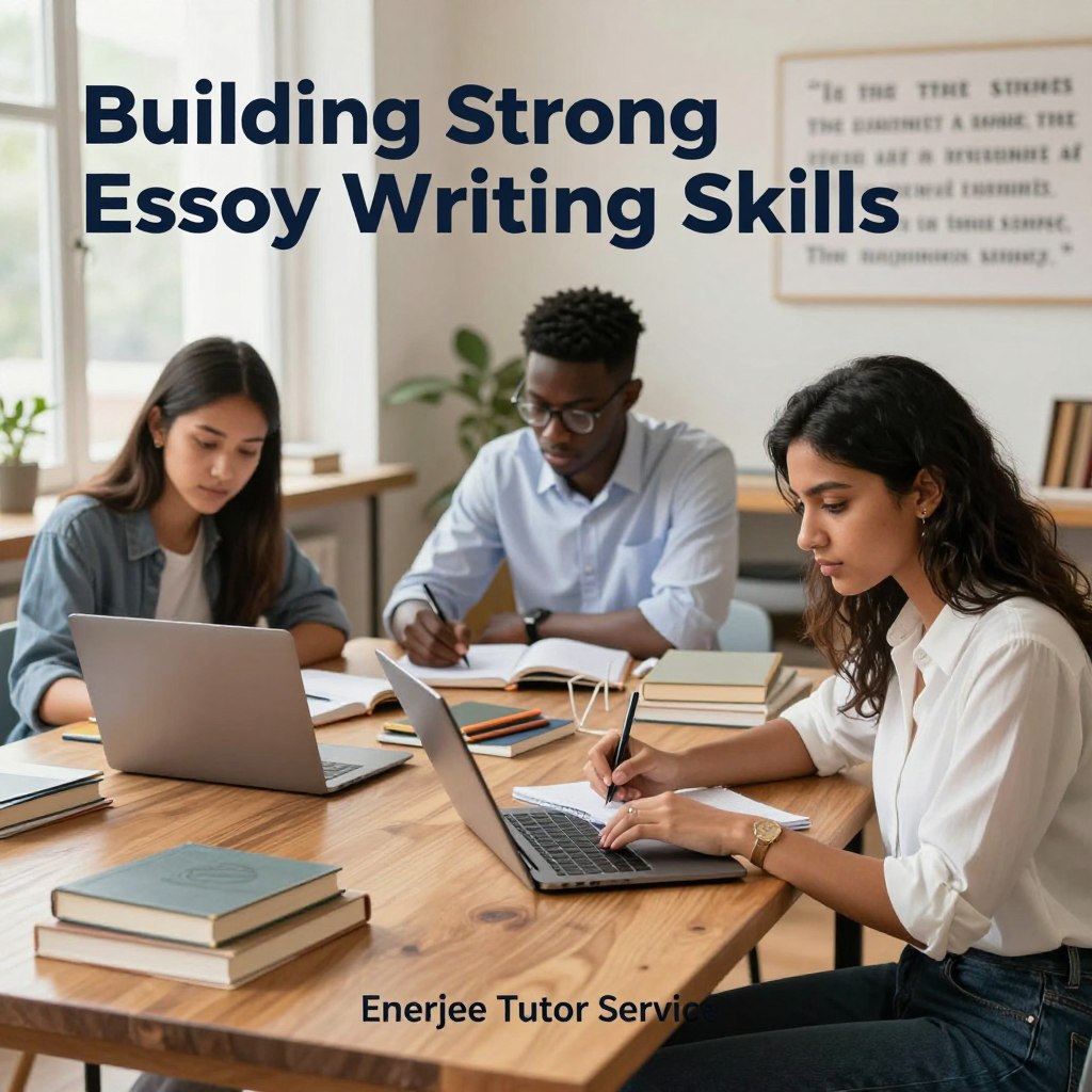 A serene study space featuring a diverse group of three students, engaged in essay writing exercises. In the foreground, a young woman of South Asian descent, dressed in business-casual attire, is focused on her laptop, while a young man of African descent, wearing glasses and a smart shirt, takes notes in a notebook. The middle ground shows a large wooden table strewn with books and stationery, symbolizing an organized and productive environment. In the background, soft natural light streams through a window, illuminating a decorative wall with quotes about writing. The overall atmosphere is inspiring and motivational, reflecting the theme of "Building Strong Essay Writing Skills" under the banner of "Enerjee Tutor Service."