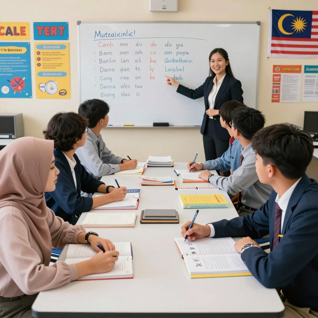 A vibrant classroom scene showcasing a Mandarin language course in Malaysia, focusing on a diverse group of students sitting around a large table. In the foreground, two students, one Malay and one Chinese, are engaged in a lively discussion, surrounded by Mandarin textbooks and writing materials, dressed in smart casual attire. The middle layer features a whiteboard filled with Mandarin characters and vocabulary, while a friendly tutor, wearing professional attire, points to a lesson concept. In the background, brightly colored educational posters and a Malaysian flag can be seen, evoking a sense of cultural integration. The lighting is warm and inviting, creating an atmosphere of collaboration and enthusiasm for learning. This scene embodies the comprehensive curriculum offered by Enerjee Tutor Service.
