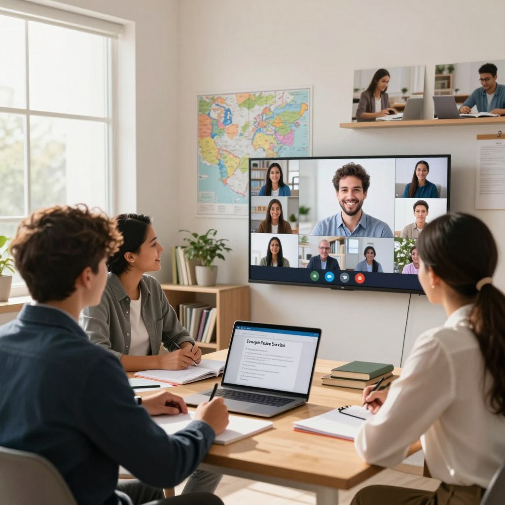 A vibrant digital workspace illustrating "Enerjee Tutor Service" focused on online English language instruction and study abroad consultation. In the foreground, a diverse group of three international students, dressed in professional business attire, engaged in a video call with a friendly tutor displayed on a large screen. The middle background features a modern study area adorned with maps, books, and inspiring study abroad images, creating an educational atmosphere. Soft, natural lighting streams through a large window, giving the scene a warm glow, while a sleek laptop and study materials lie on the table. The overall mood is motivational and collaborative, emphasizing learning and global opportunities in language education.