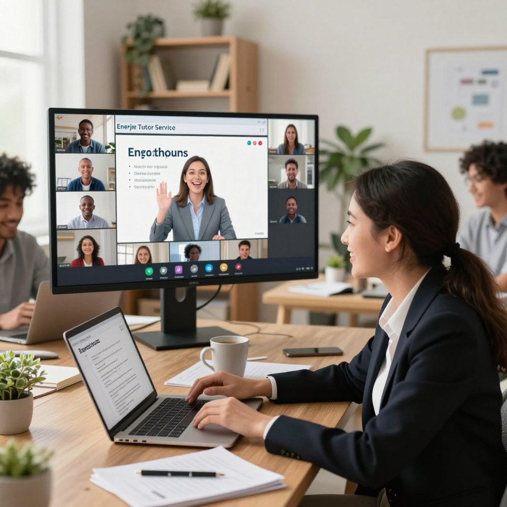 A vibrant online English language scene featuring a diverse group of students engaged in a virtual classroom setting. In the foreground, a smiling student wearing professional business attire is attentively participating on a laptop, with notes and a coffee mug beside them. In the middle, a large screen displays an enthusiastic teacher conducting the class, surrounded by virtual participants. The background has soft-focus elements of a cozy home office, such as bookshelves and indoor plants, enhancing the learning atmosphere. Natural light streams through a nearby window, creating a warm and inviting mood. The overall composition reflects the professionalism and engagement of Enerjee Tutor Service, emphasizing satisfied students actively participating in their language learning journey.
