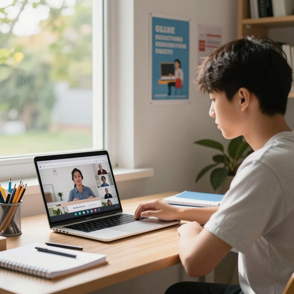 A bright and inviting study space that emphasizes the convenience of online learning, featuring a modern desk setup with a laptop displaying an engaging virtual classroom interface. In the foreground, a focused high school student of Asian descent is engaged in a video call, dressed in casual yet professional attire, with notebooks and stationery around. The middle section shows motivational posters about online education on the wall. In the background, a window reveals a serene outdoor scene with green trees and sunlight pouring in, creating an uplifting and productive atmosphere. Soft, natural lighting enhances the warm tones of the room, with a shallow depth of field to keep the focus on the student while hinting at the broader learning environment. Include the brand name "Enerjee Tutor Service" subtly integrated into the laptop display.