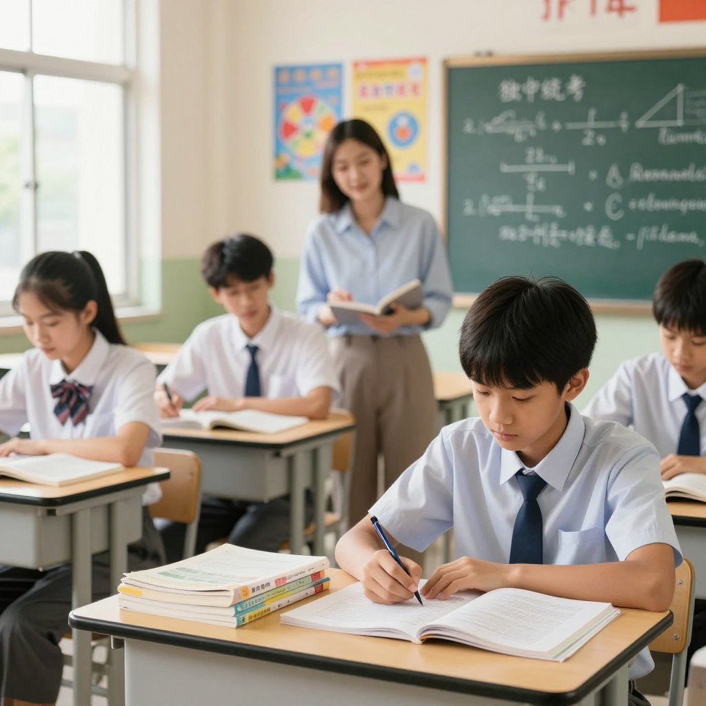 A bright, welcoming classroom setting showcasing a group of diverse high school students engaged in collaborative study for the "独中统考" exam. In the foreground, a focused student in professional attire is working diligently at a desk covered with textbooks and study materials, reflecting determination and concentration. The middle of the image features a teacher, slightly blurred, providing guidance and support, representing a nurturing learning environment. The background includes colorful educational posters and a chalkboard filled with complex math problems and literary quotes, enhancing the academic atmosphere. Soft, natural lighting streams through large windows, casting a warm glow, and creating an inviting mood that encourages learning. Include the brand name "Enerjee Tutor Service" subtly integrated into the classroom decor.