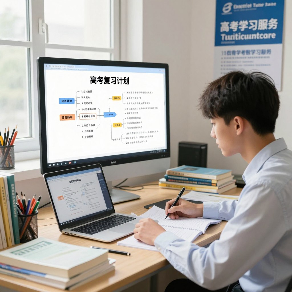 A high school student studying at a desk, surrounded by a well-organized study environment featuring books, stationery, and a laptop displaying an online classroom interface, symbolizing the concept of "高考复习计划" (Gaokao review plan). The foreground shows the student, a teenage Asian male, dressed in a comfortable yet professional outfit, focusing intently on his study materials. In the middle, a digital whiteboard with diagrams and notes illustrates the study topics, while bright, natural light streams through a window, creating a warm and inviting atmosphere. The background features an inspirational poster of "Enerjee Tutor Service," emphasizing a supportive learning experience. The overall mood is one of diligence and inspiration, reflecting the advantages of online learning.