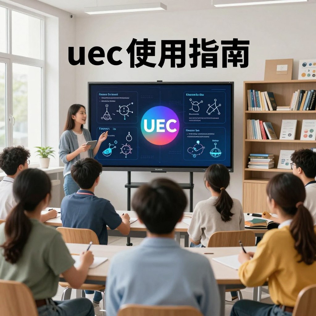 A professional and engaging scene depicting the concept of "uec 使用指南" for a science course introduction. In the foreground, a diverse group of high school students, attentively engaged in a virtual learning environment, wearing modest casual clothing. The middle ground features an interactive digital classroom setup with a high-definition touchscreen displaying science topics, symbols of physics and chemistry, and a vibrant UEC logo. The background showcases a modern learning space with bookshelves filled with textbooks and educational resources. Soft, natural light streams in through large windows, creating a bright and inviting atmosphere. The overall mood conveys a sense of curiosity and enthusiasm for learning. Include the brand name "Enerjee Tutor Service" subtly integrated into the classroom design.