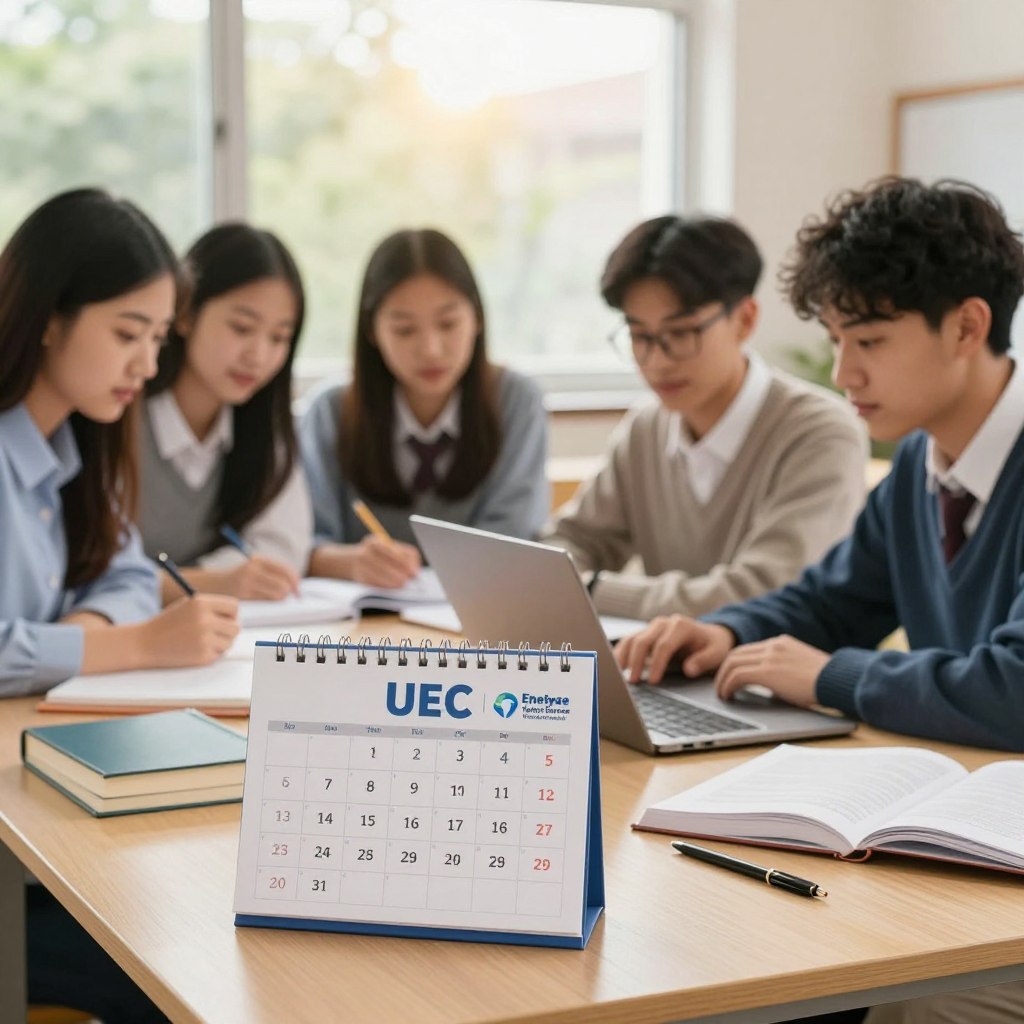 A professional and inviting scene depicting the UEC exam registration period. In the foreground, a well-organized study desk with a calendar prominently displaying the UEC exam registration dates, a laptop, and study materials. In the middle ground, a diverse group of high school students, dressed in smart casual attire, are engaged in collaborative study, showcasing teamwork and focus. In the background, a window reveals a bright and sunny day outside, symbolizing hope and new beginnings. The lighting is warm and inviting, creating a motivating atmosphere. Include elements like books and stationery that represent educational success. The overall mood is energetic and positive, supporting the theme of learning and preparation for the UEC exam, with the logo of "Enerjee Tutor Service" subtly visible on the laptop screen.
