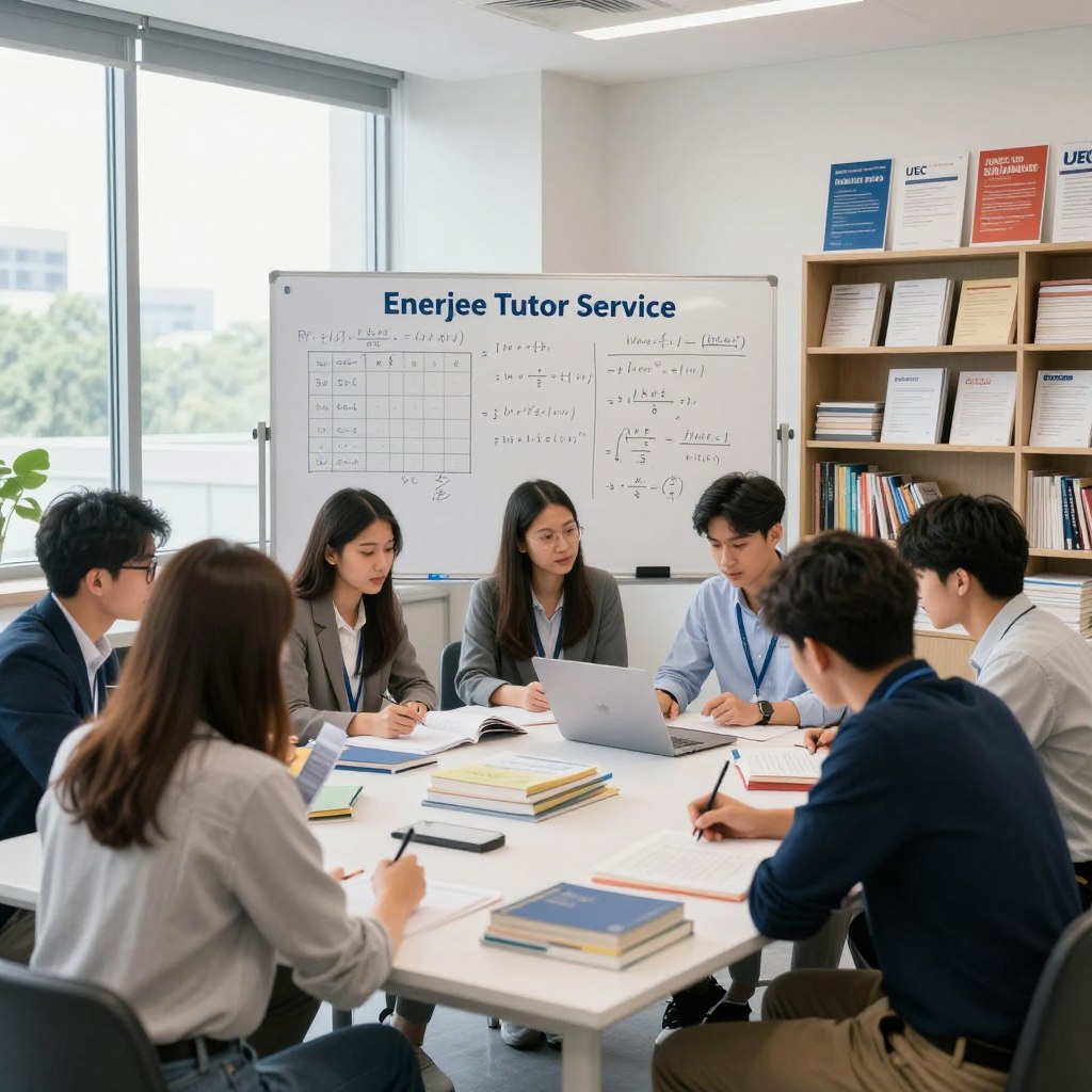 A professional study environment showcasing UEC综合考试 (Unified Examination Certificate) preparation, featuring a diverse group of students in a well-lit, modern classroom with large windows letting in natural light. In the foreground, several students, both male and female, are collaborating around a table covered with books and notes, dressed in smart casual attire. In the middle ground, a whiteboard filled with equations and study schedules prominently displays the brand name "Enerjee Tutor Service". The background includes shelves lined with educational posters and resources relevant to the UEC curriculum, creating an inspiring and focused atmosphere for learning. The overall mood is motivational and focused, emphasizing teamwork and academic achievement.