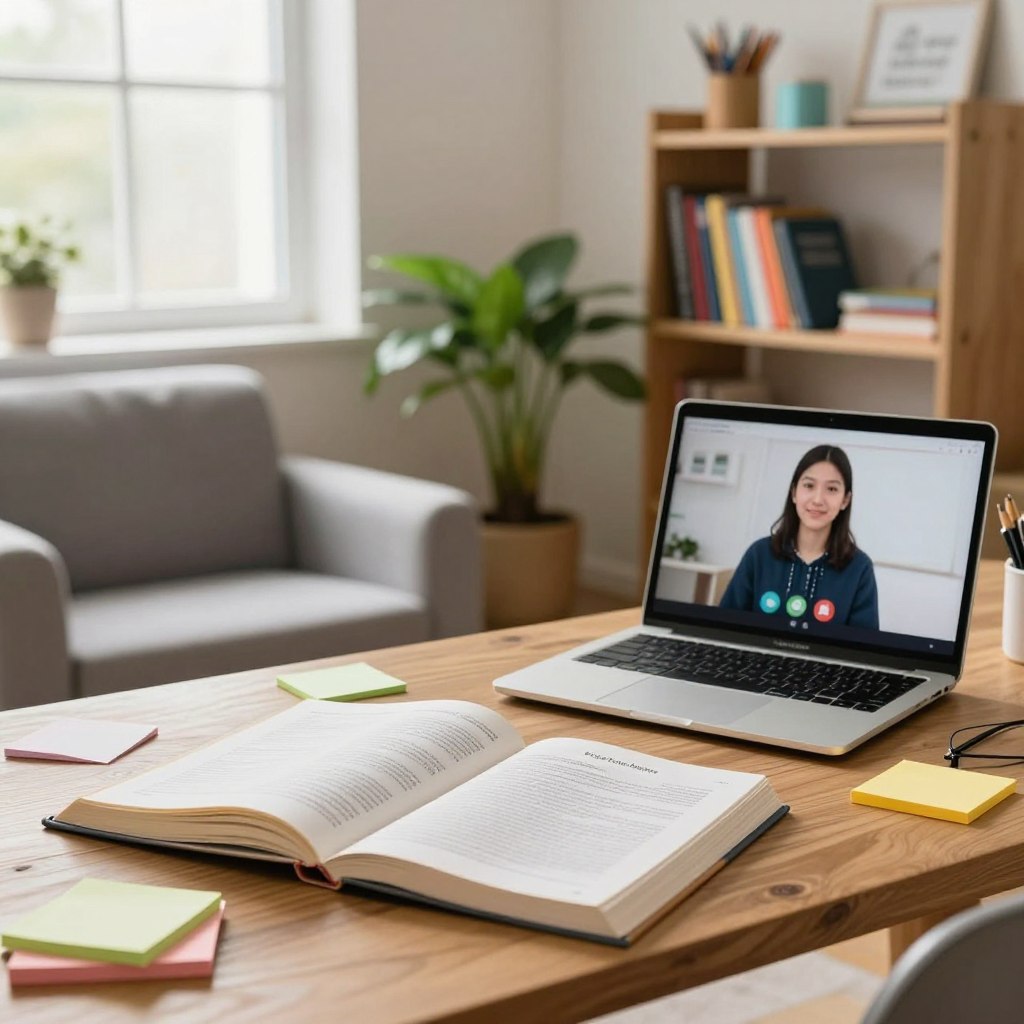 A serene and inviting study space filled with educational materials, perfect for students engaging in online tutoring. In the foreground, a wooden desk holds open textbooks on sciences and humanities, with colorful sticky notes and a laptop displaying a video call for a tutor session. The middle features a cozy armchair, a potted plant, and a shelf filled with neatly organized school supplies and reference books. The background shows a softly lit window with natural light streaming in, creating a warm atmosphere. The mood is focused and inspirational, ideal for studious high school students. The image incorporates the brand name "Enerjee Tutor Service" subtly into the decor, suggesting an atmosphere of effective learning and support.