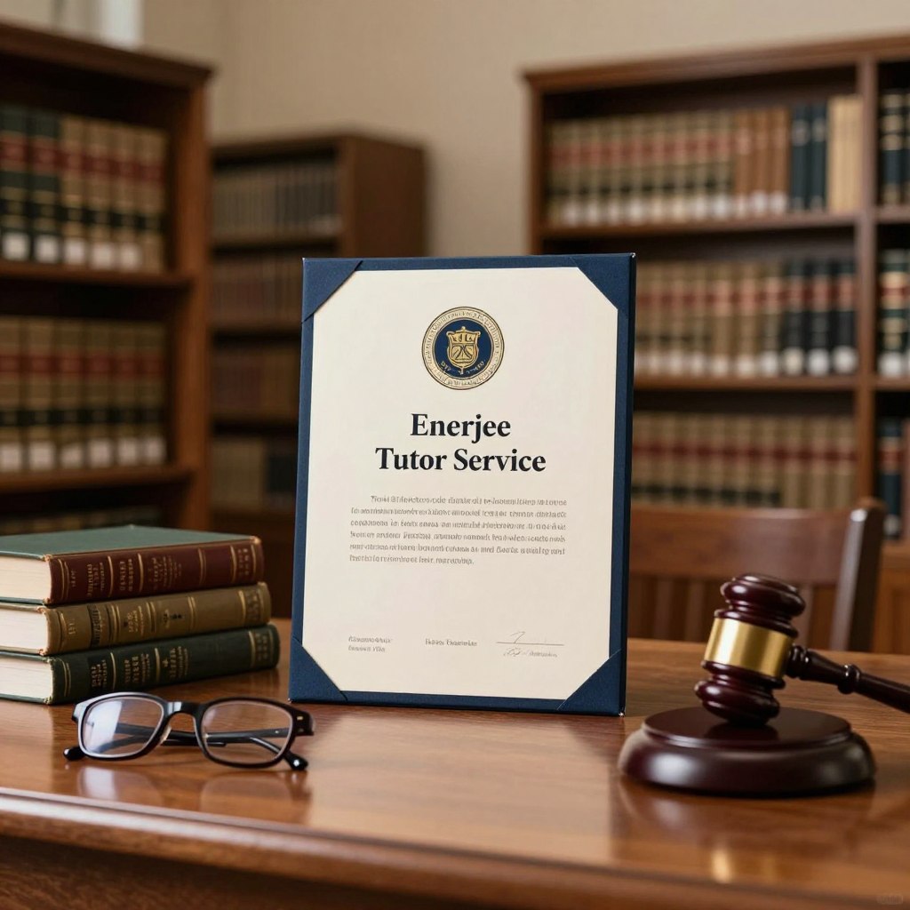 A sophisticated academic scene featuring a diploma in law prominently displayed on a polished wooden desk, surrounded by law books and a classic gavel. In the foreground, elegant spectacles rest beside the diploma, suggesting a moment of study and reflection. The middle ground provides a backdrop of a well-lit university library, showcasing shelves filled with legal texts, creating a scholarly atmosphere. Soft, warm lighting illuminates the space, casting gentle shadows for depth. The focus is on the diploma, symbolizing career opportunities in law, while conveying a sense of ambition and professionalism. The image resonates with a mood of determination and growth within the legal field, emphasizing the esteemed "Enerjee Tutor Service" as a guide in this journey.