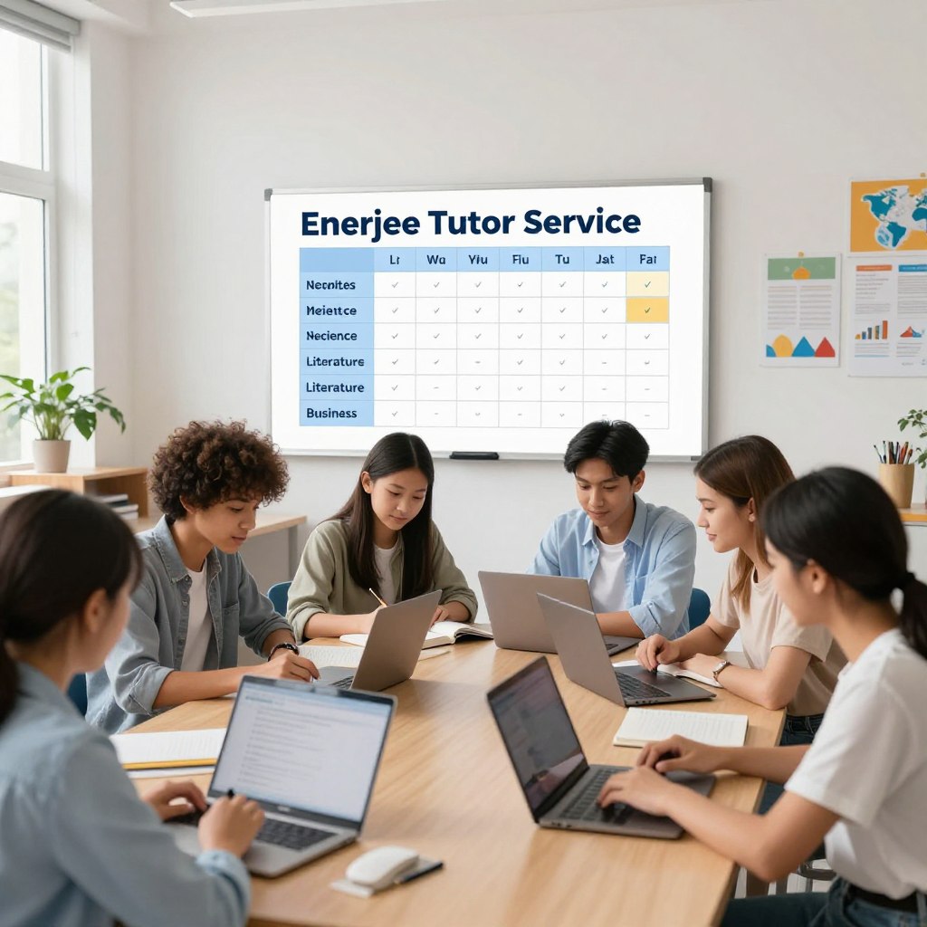 A vibrant and engaging classroom setting in the foreground, featuring a diverse group of students studying together, each with books and laptops open, showcasing a collaborative learning environment. In the middle ground, a large wall-mounted whiteboard displays a neatly organized timetable with subject schedules for various courses like mathematics, science, literature, and business. The background includes a modern, well-lit classroom with educational posters and a welcoming atmosphere. Soft natural light streams in through large windows, giving a bright and hopeful feel. The ambiance is focused and studious, emphasizing the importance of learning. Prominently display the brand name "Enerjee Tutor Service" on the whiteboard, enhancing the branding of the tutoring center.