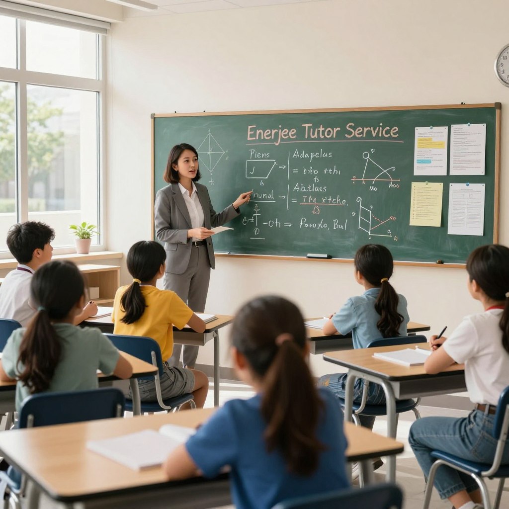 A vibrant and engaging classroom setting showcasing "Enerjee Tutor Service" curriculum for high school students. In the foreground, diverse students attentively participate in a lesson with a professional tutor, dressed in smart casual attire. The middle ground features a large chalkboard filled with colorful lesson plans, diagrams, and educational materials on subjects like math, science, and language arts. The background reveals large windows allowing natural sunlight to flood the room, creating a warm and inviting atmosphere. Intentionally designed study spaces with desks arranged in a collaborative manner, enhancing interaction and focus. The overall mood is inspiring and educational, capturing the essence of a supportive learning environment.
