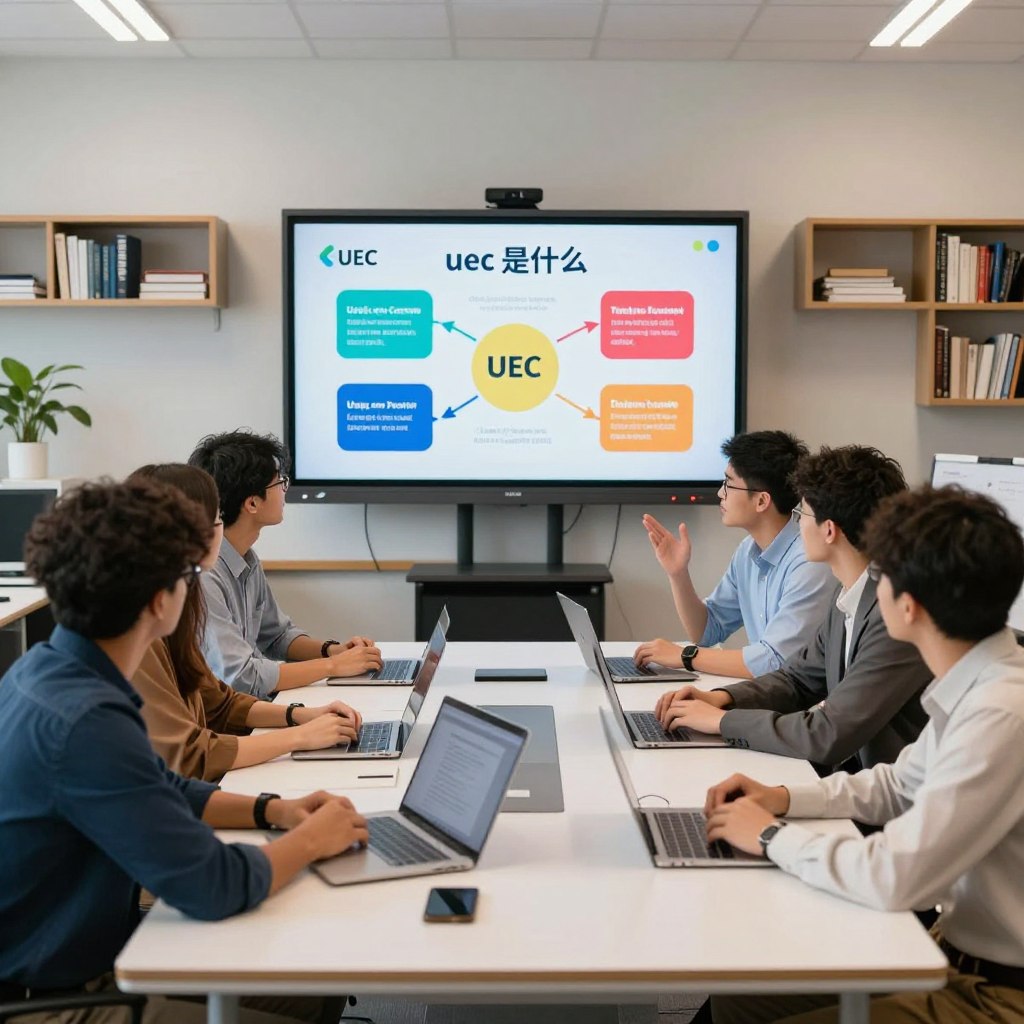 A vibrant and engaging scene illustrating "uec 是什么" in a modern educational setting. In the foreground, a diverse group of students of various ethnicities are seated at a sleek conference table, engaged in animated discussion about UEC online tutoring options, each dressed in professional casual attire. In the middle, a large interactive digital screen displays colorful UEC-related infographics, showcasing key information. The background features a well-lit, contemporary classroom with bookshelves and study materials, exuding a sense of knowledge and collaboration. The lighting is bright and inviting, highlighting the enthusiasm of the students. The mood is focused yet energetic, emphasizing the importance of education and the services offered by Enerjee Tutor Service.
